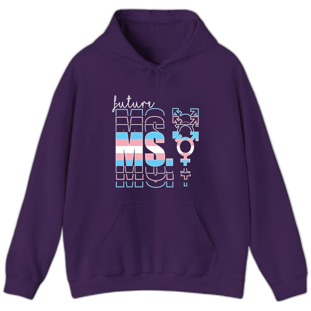 Future self gender identity pride design featuring male, female, non-binary, transgender, and intersex symbols with blue, pink, and white striped elements in Purple