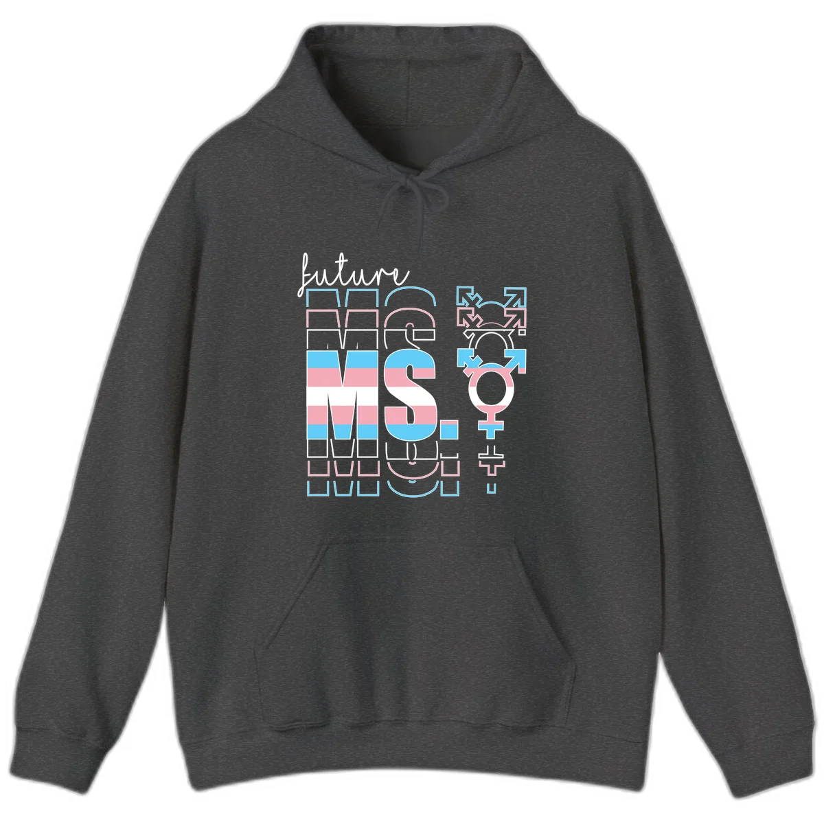 Future self gender identity pride design featuring male, female, non-binary, transgender, and intersex symbols with blue, pink, and white striped elements in Dark Heather