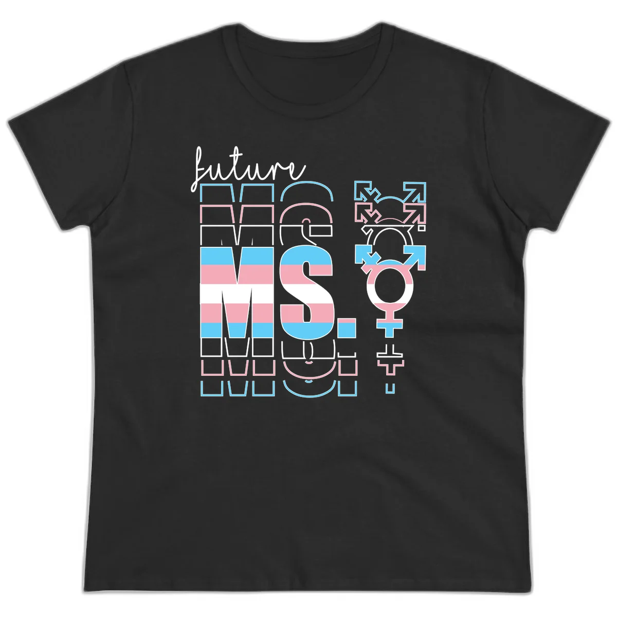 Future self gender identity pride design featuring male, female, non-binary, transgender, and intersex symbols with blue, pink, and white striped elements in Black