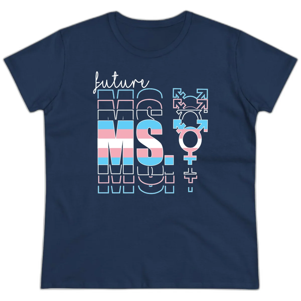 Future self gender identity pride design featuring male, female, non-binary, transgender, and intersex symbols with blue, pink, and white striped elements in Navy