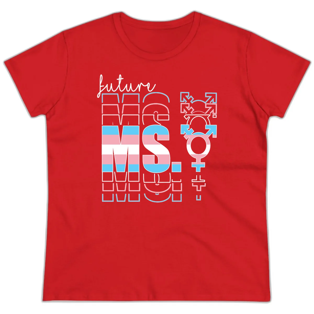 Future self gender identity pride design featuring male, female, non-binary, transgender, and intersex symbols with blue, pink, and white striped elements in Red