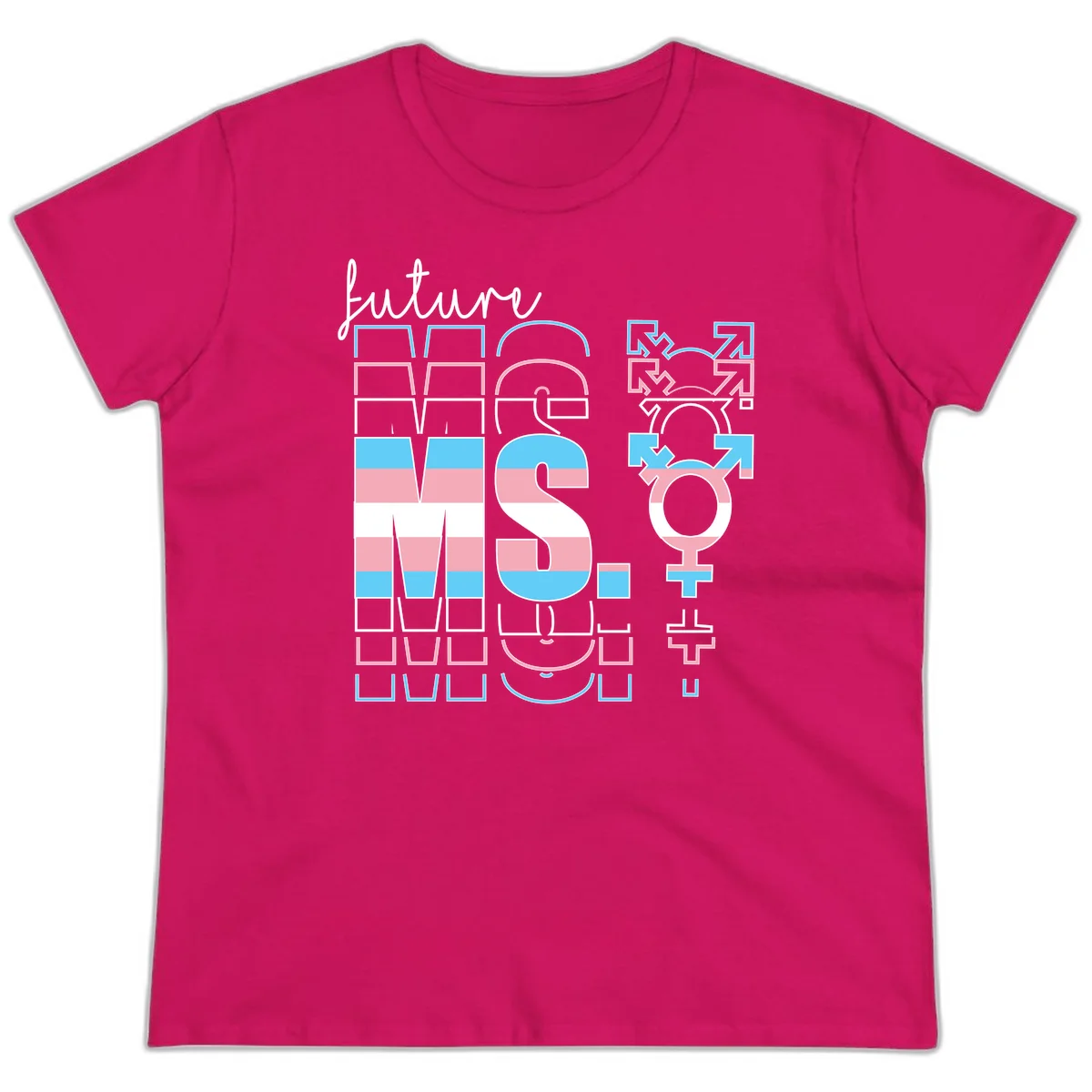 Future self gender identity pride design featuring male, female, non-binary, transgender, and intersex symbols with blue, pink, and white striped elements in Heliconia