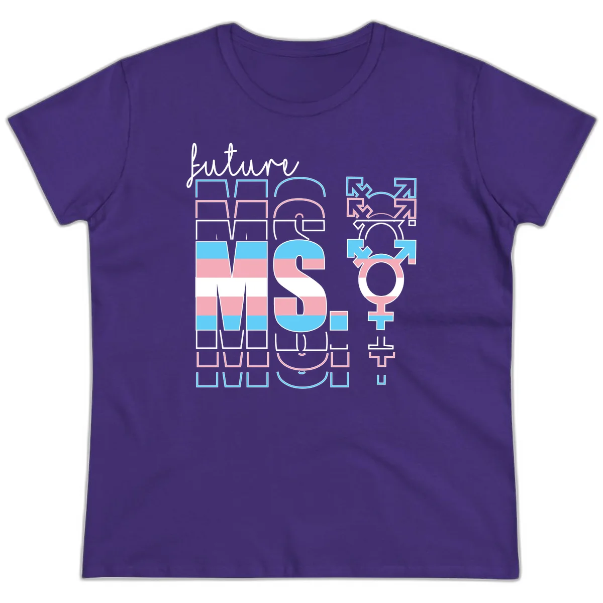 Future self gender identity pride design featuring male, female, non-binary, transgender, and intersex symbols with blue, pink, and white striped elements in Purple