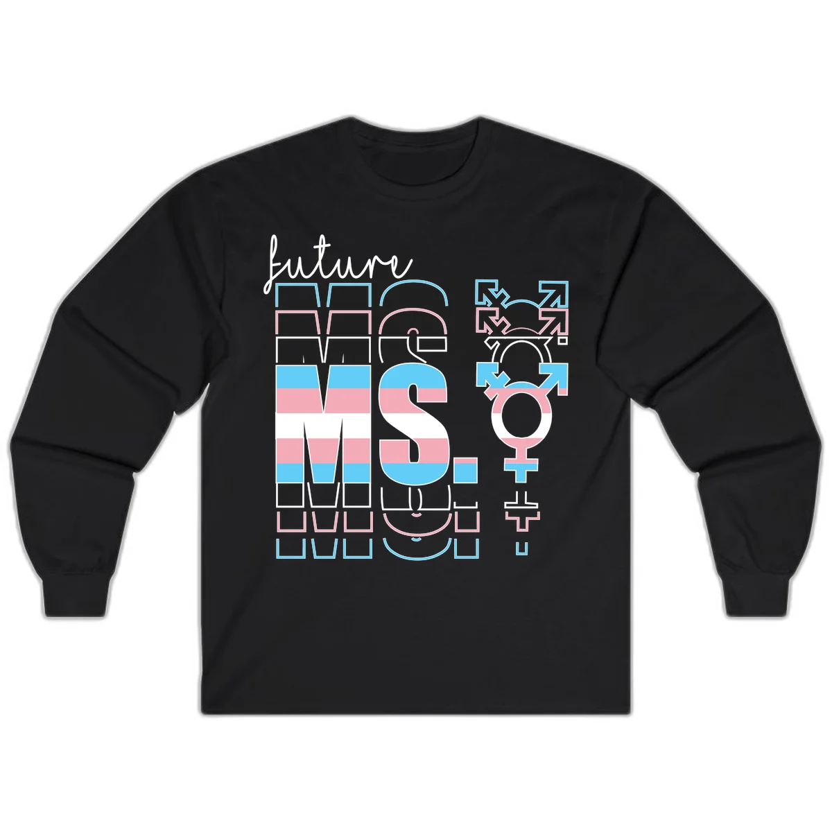 Future self gender identity pride design featuring male, female, non-binary, transgender, and intersex symbols with blue, pink, and white striped elements in Black