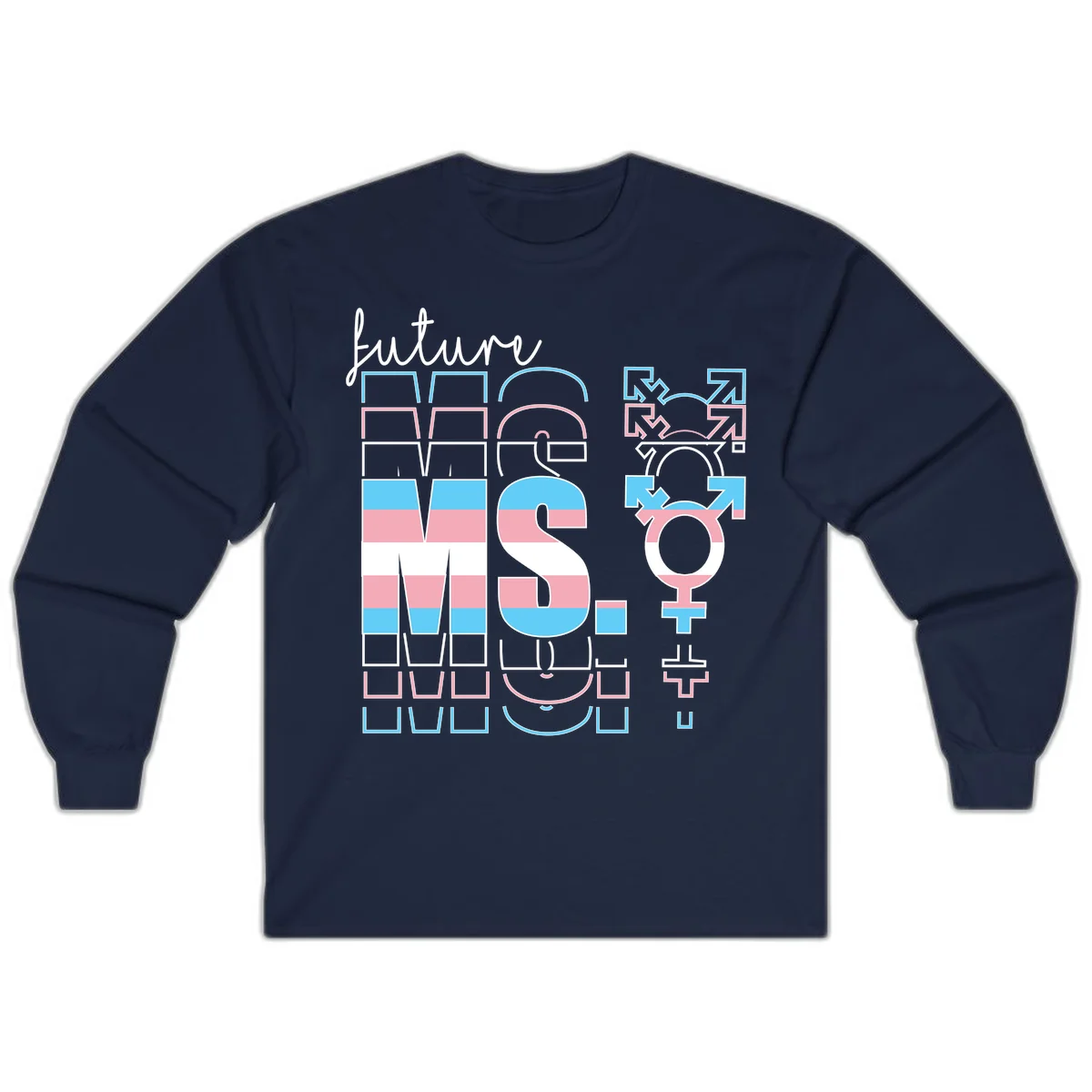 Future self gender identity pride design featuring male, female, non-binary, transgender, and intersex symbols with blue, pink, and white striped elements in Navy