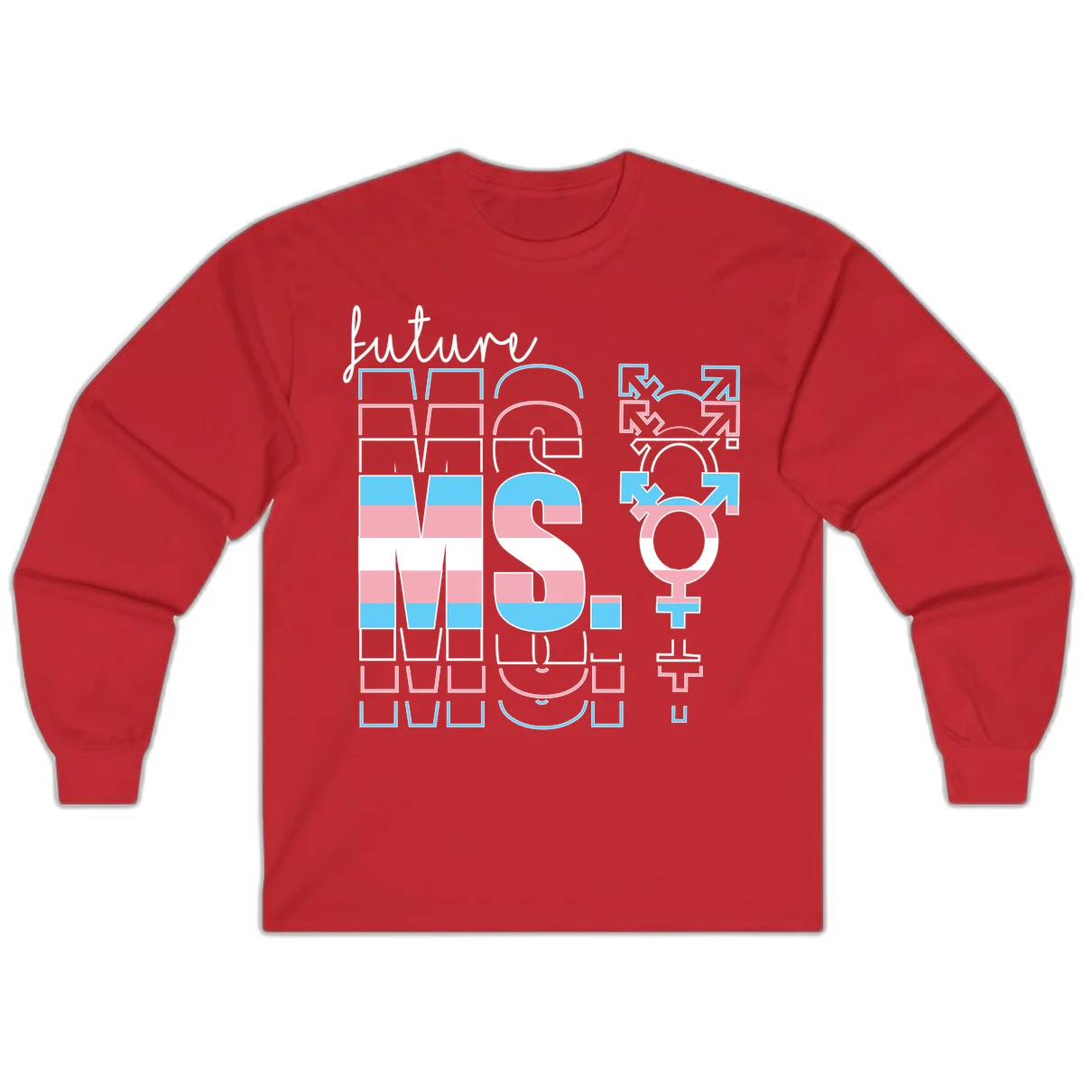Future self gender identity pride design featuring male, female, non-binary, transgender, and intersex symbols with blue, pink, and white striped elements in Red