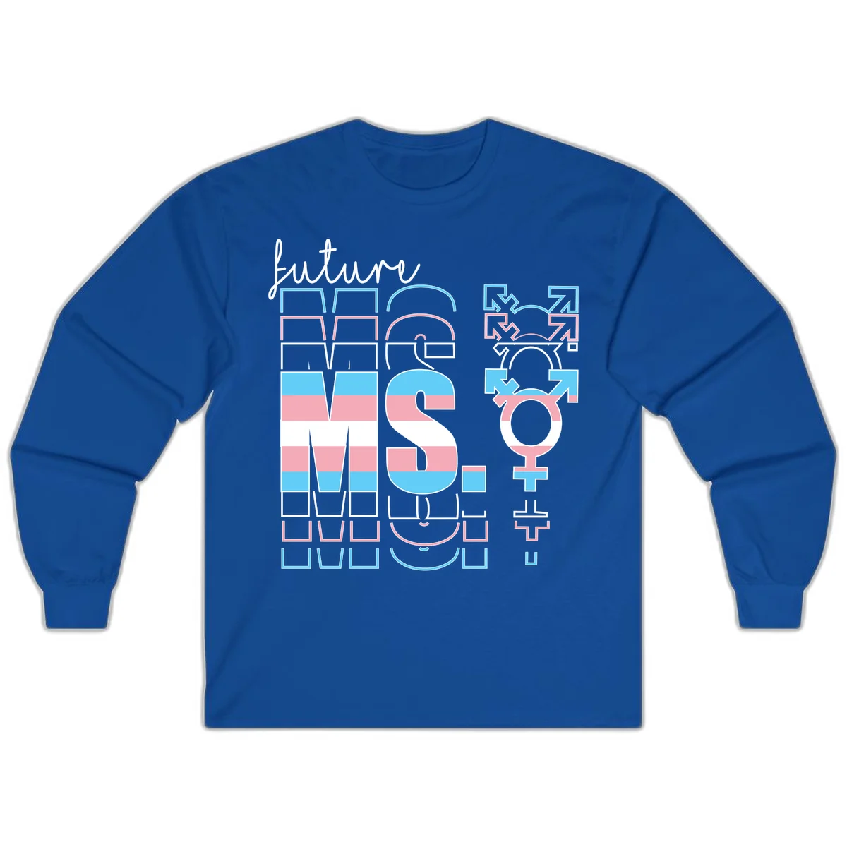 Future self gender identity pride design featuring male, female, non-binary, transgender, and intersex symbols with blue, pink, and white striped elements in Royal