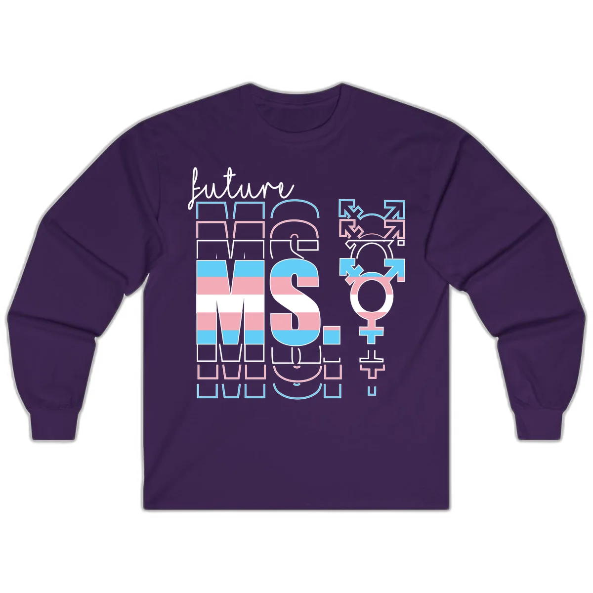 Future self gender identity pride design featuring male, female, non-binary, transgender, and intersex symbols with blue, pink, and white striped elements in Purple