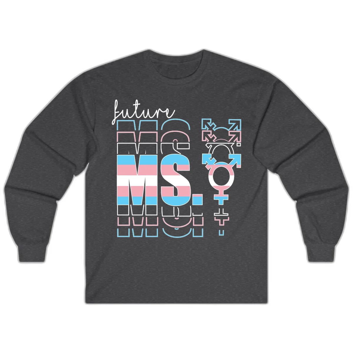 Future self gender identity pride design featuring male, female, non-binary, transgender, and intersex symbols with blue, pink, and white striped elements in Dark Heather
