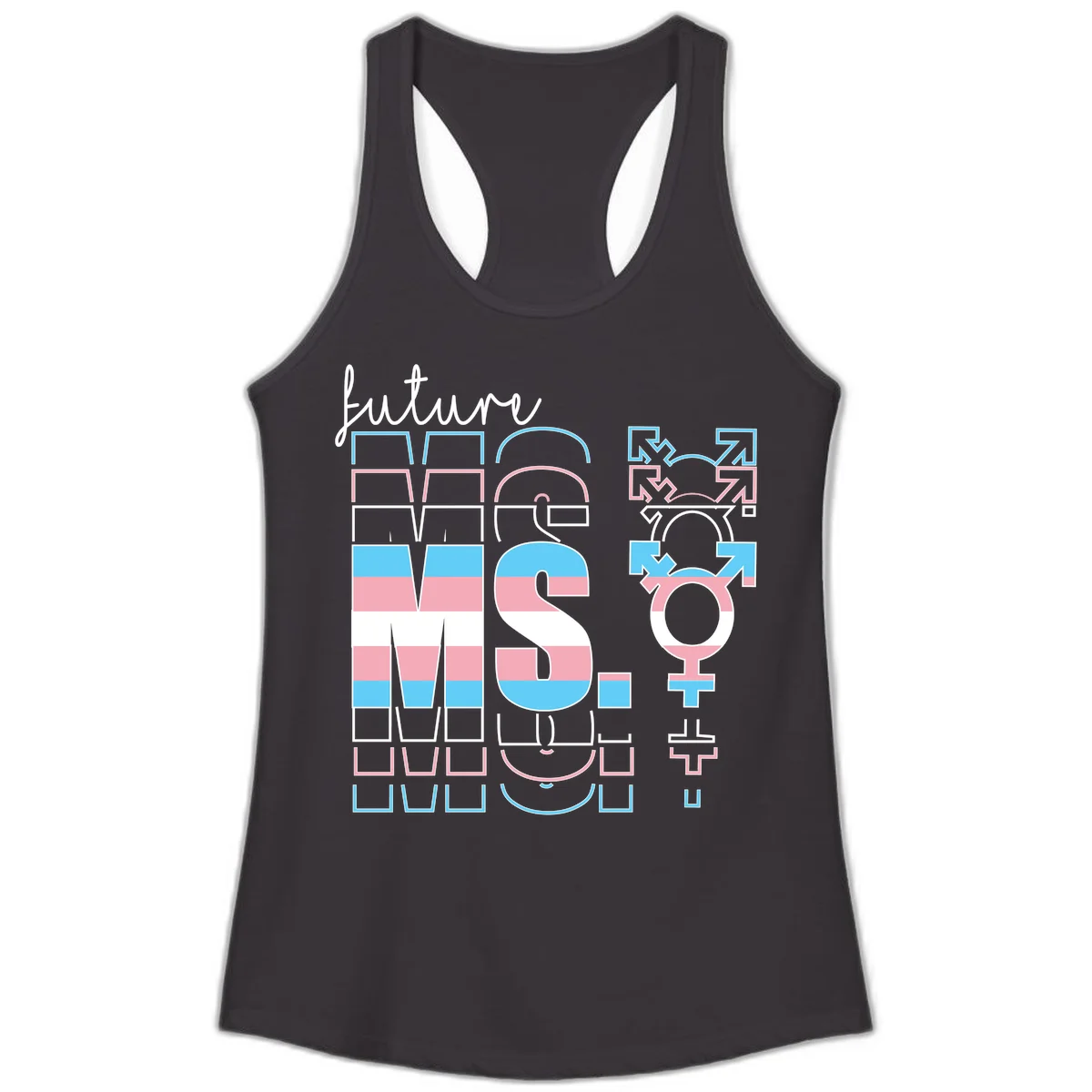 Future self gender identity pride design featuring male, female, non-binary, transgender, and intersex symbols with blue, pink, and white striped elements in Black