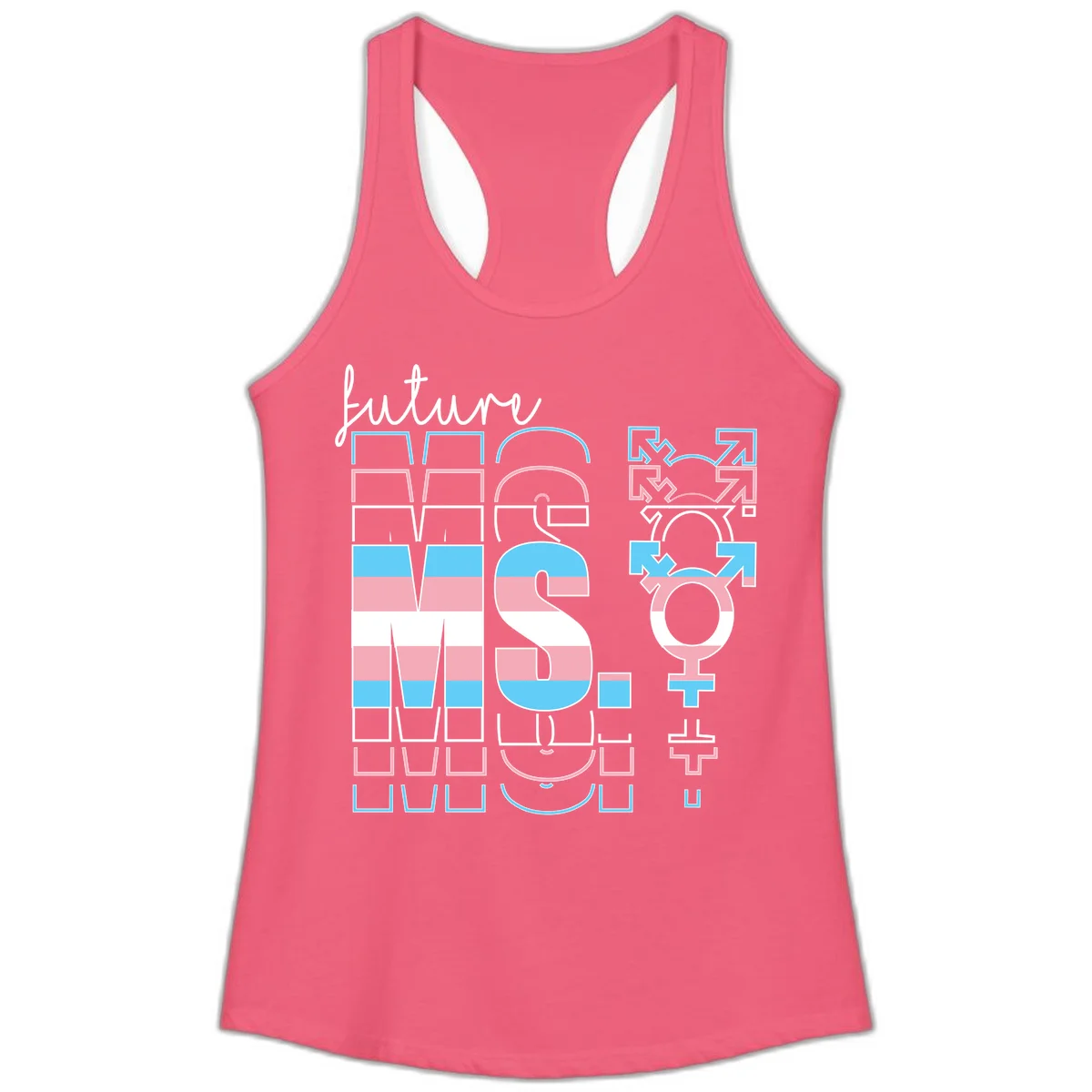 Future self gender identity pride design featuring male, female, non-binary, transgender, and intersex symbols with blue, pink, and white striped elements in Hot Pink