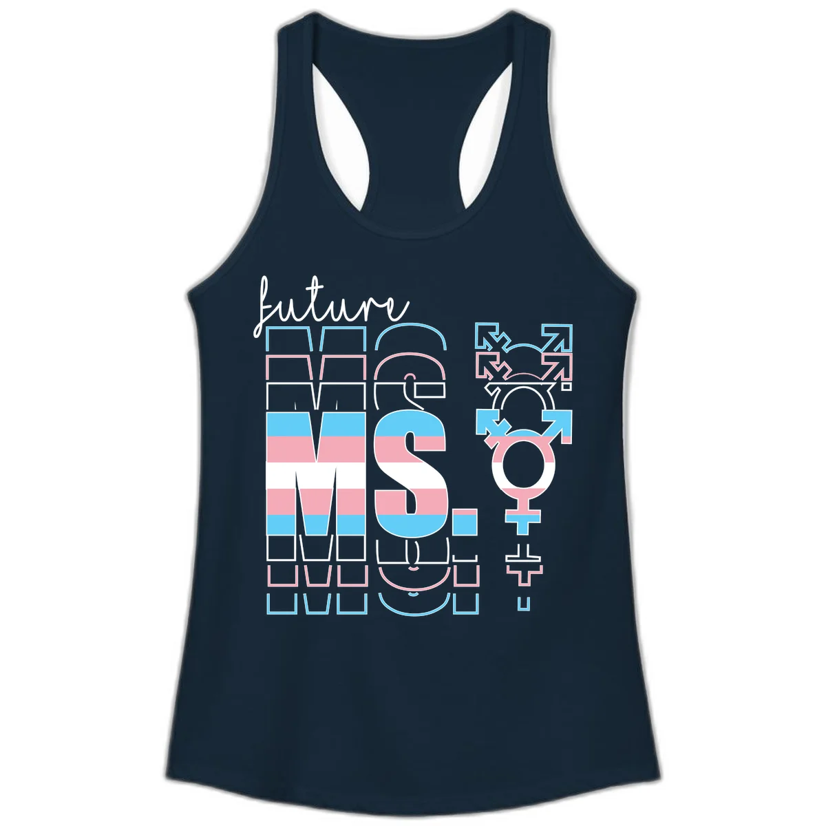Future self gender identity pride design featuring male, female, non-binary, transgender, and intersex symbols with blue, pink, and white striped elements in Solid Midnight Navy