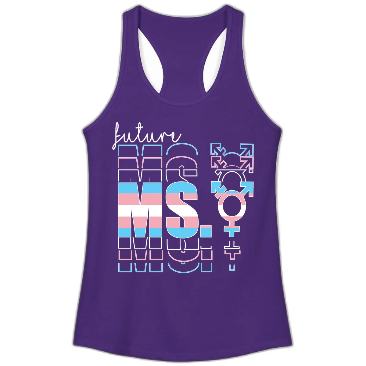Future self gender identity pride design featuring male, female, non-binary, transgender, and intersex symbols with blue, pink, and white striped elements in Solid Purple Rush