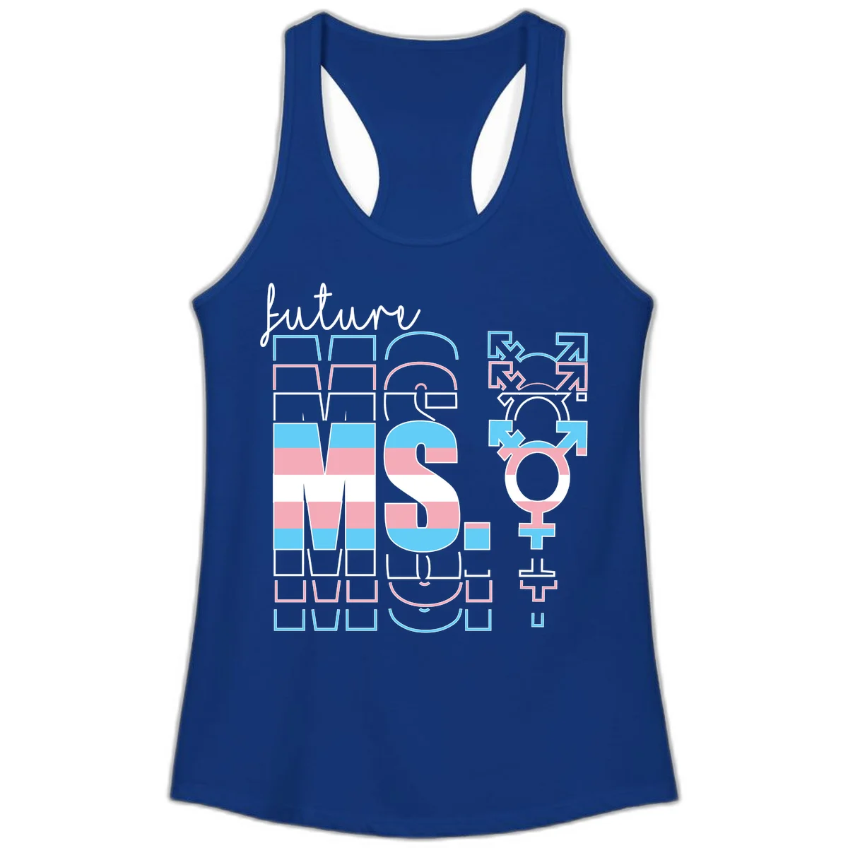 Future self gender identity pride design featuring male, female, non-binary, transgender, and intersex symbols with blue, pink, and white striped elements in Solid Royal