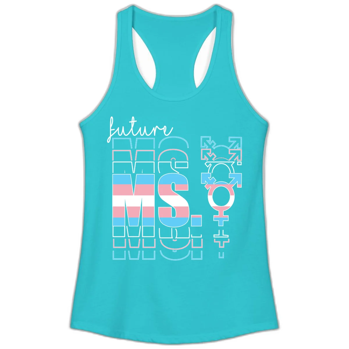Future self gender identity pride design featuring male, female, non-binary, transgender, and intersex symbols with blue, pink, and white striped elements in Solid Tahiti Blue