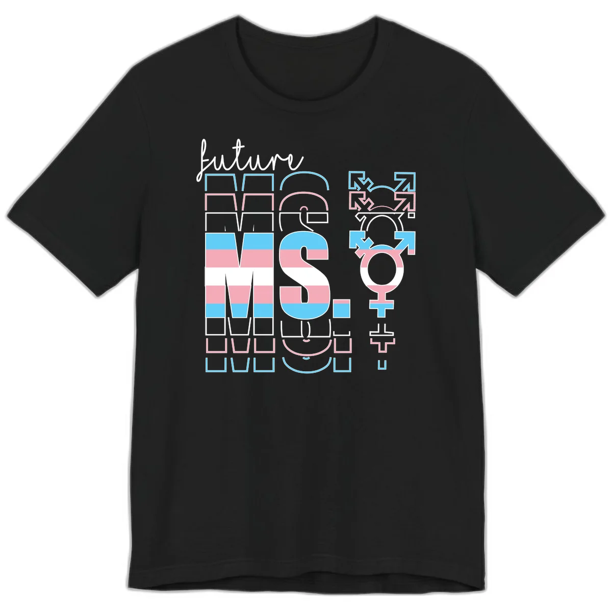 Future self gender identity pride design featuring male, female, non-binary, transgender, and intersex symbols with blue, pink, and white striped elements in Black