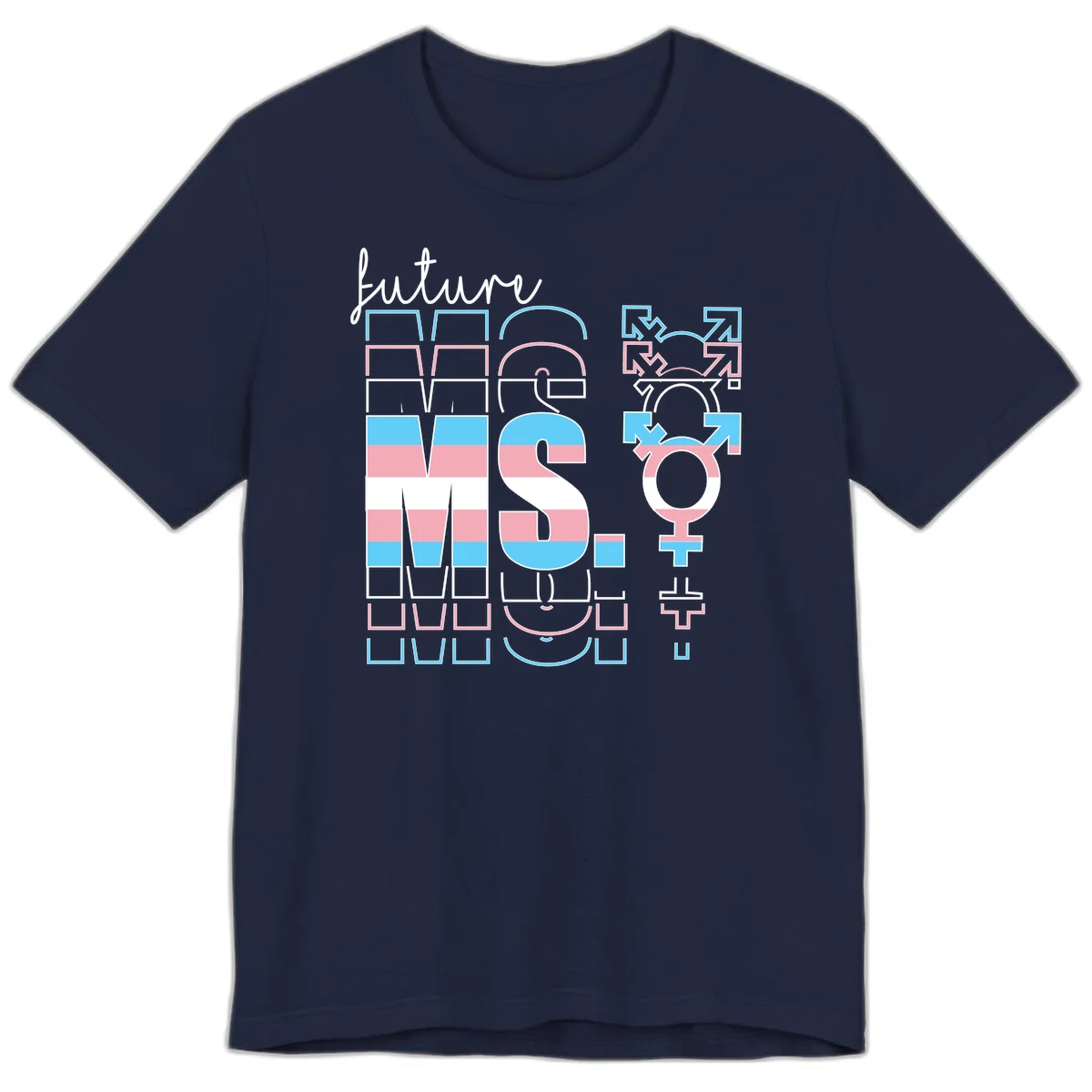 Future self gender identity pride design featuring male, female, non-binary, transgender, and intersex symbols with blue, pink, and white striped elements in Navy
