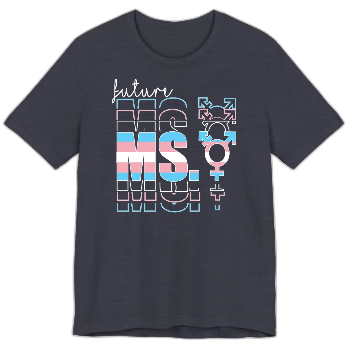 Future self gender identity pride design featuring male, female, non-binary, transgender, and intersex symbols with blue, pink, and white striped elements in Heather Midnight Navy