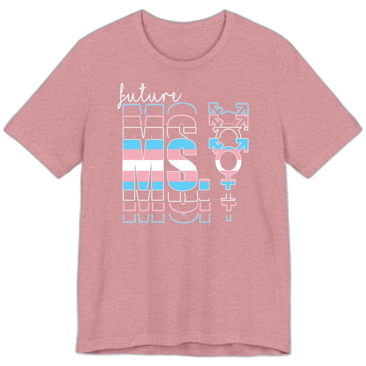 Future self gender identity pride design featuring male, female, non-binary, transgender, and intersex symbols with blue, pink, and white striped elements in Heather Orchid