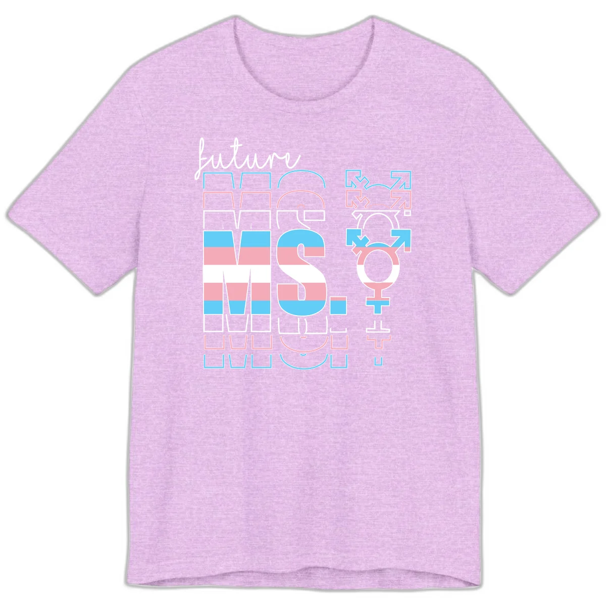 Future self gender identity pride design featuring male, female, non-binary, transgender, and intersex symbols with blue, pink, and white striped elements in Heather Prism Lilac