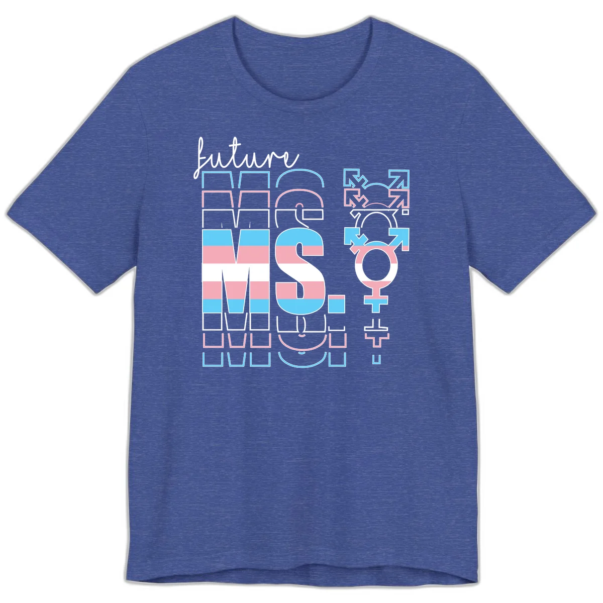 Future self gender identity pride design featuring male, female, non-binary, transgender, and intersex symbols with blue, pink, and white striped elements in Heather True Royal