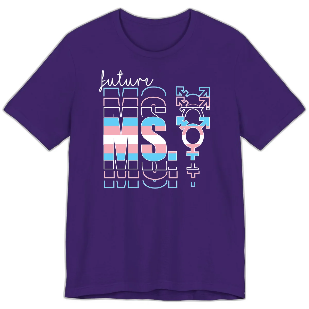 Future self gender identity pride design featuring male, female, non-binary, transgender, and intersex symbols with blue, pink, and white striped elements in Team Purple