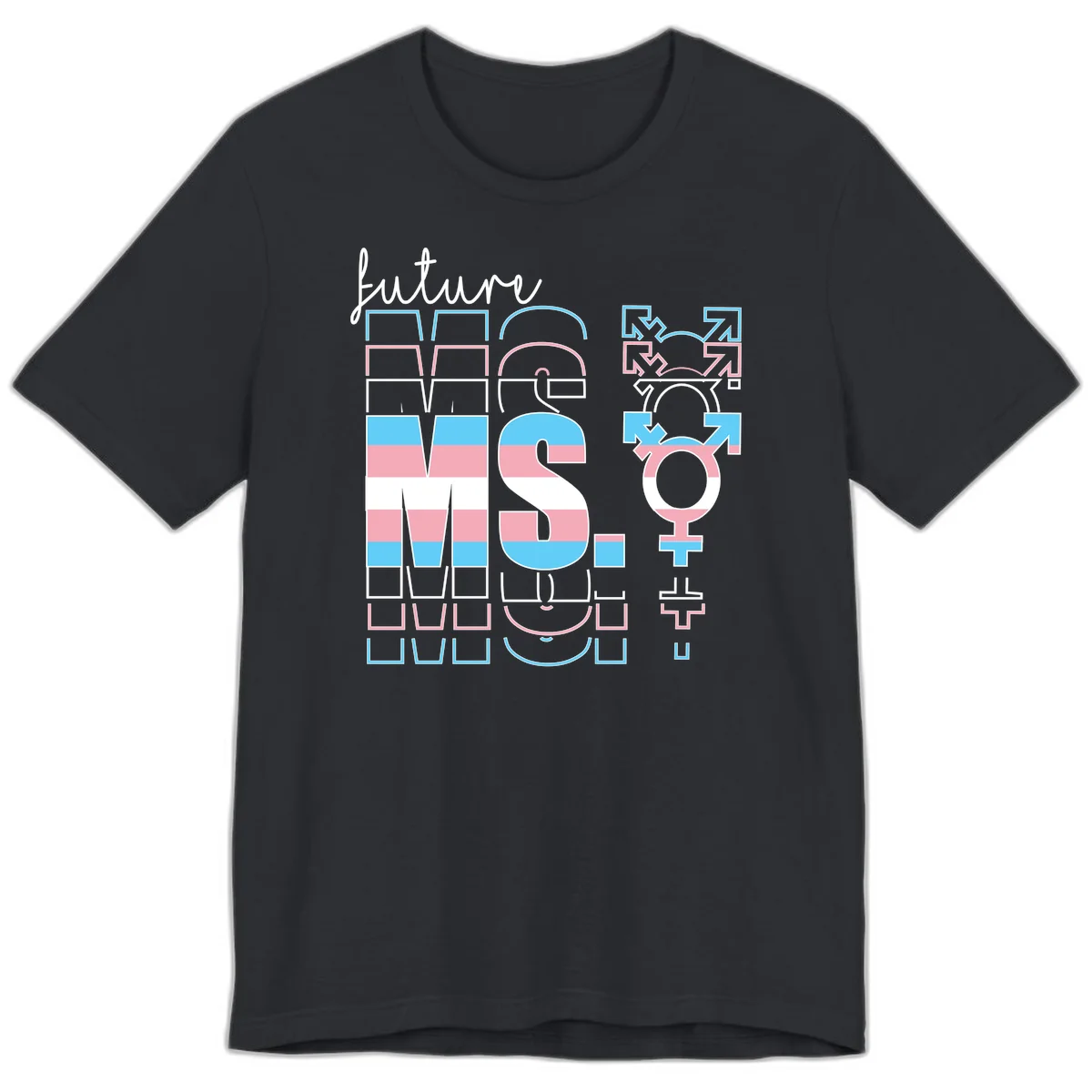 Future self gender identity pride design featuring male, female, non-binary, transgender, and intersex symbols with blue, pink, and white striped elements in Vintage Black