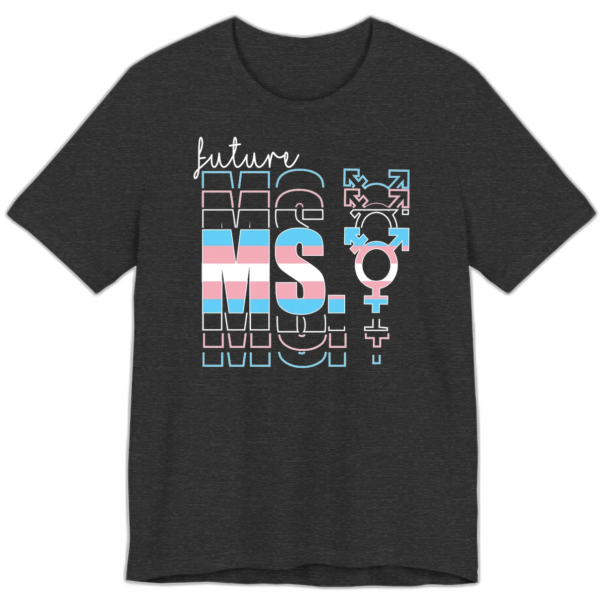 Future self gender identity pride design featuring male, female, non-binary, transgender, and intersex symbols with blue, pink, and white striped elements in Dark Grey Heather