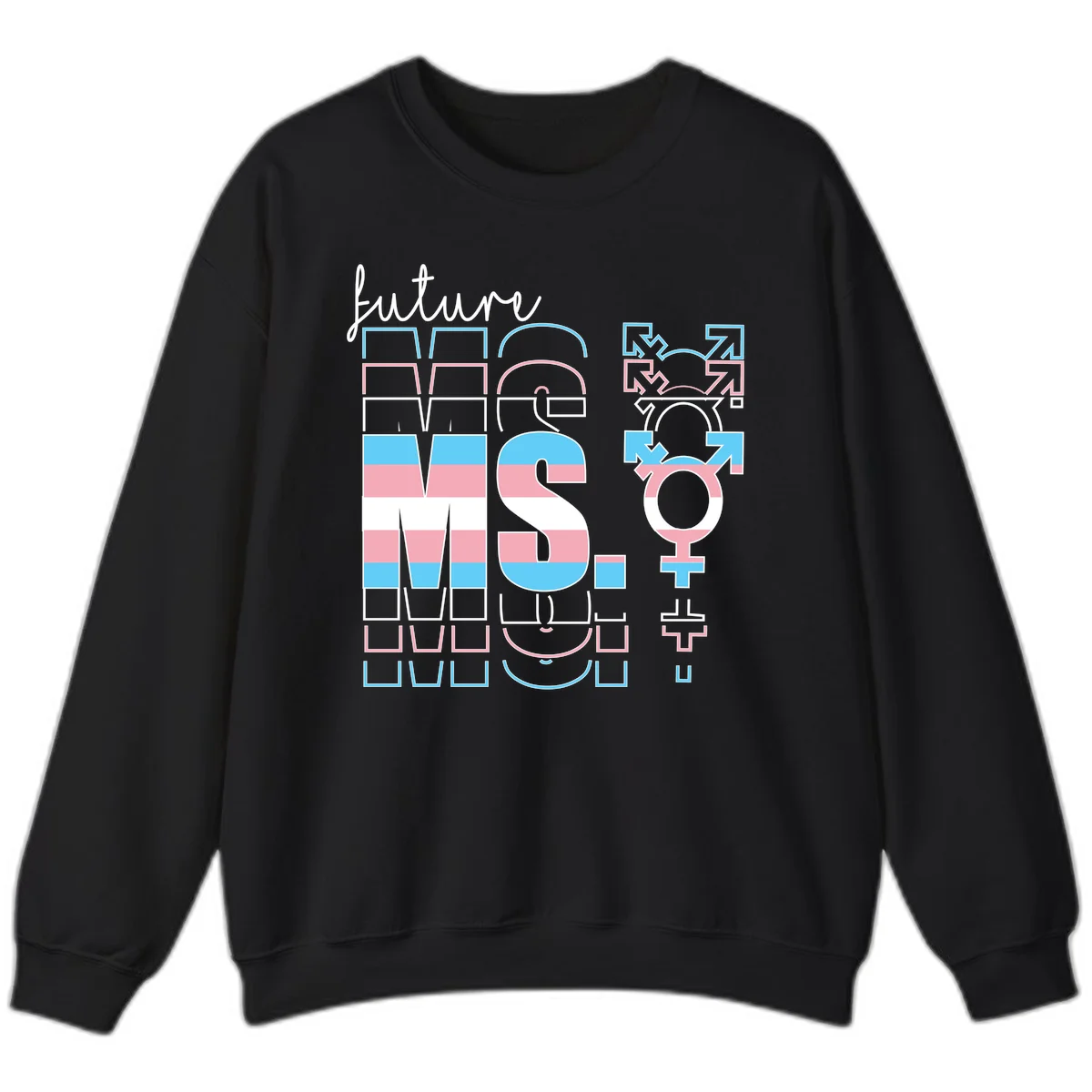 Future self gender identity pride design featuring male, female, non-binary, transgender, and intersex symbols with blue, pink, and white striped elements in Black