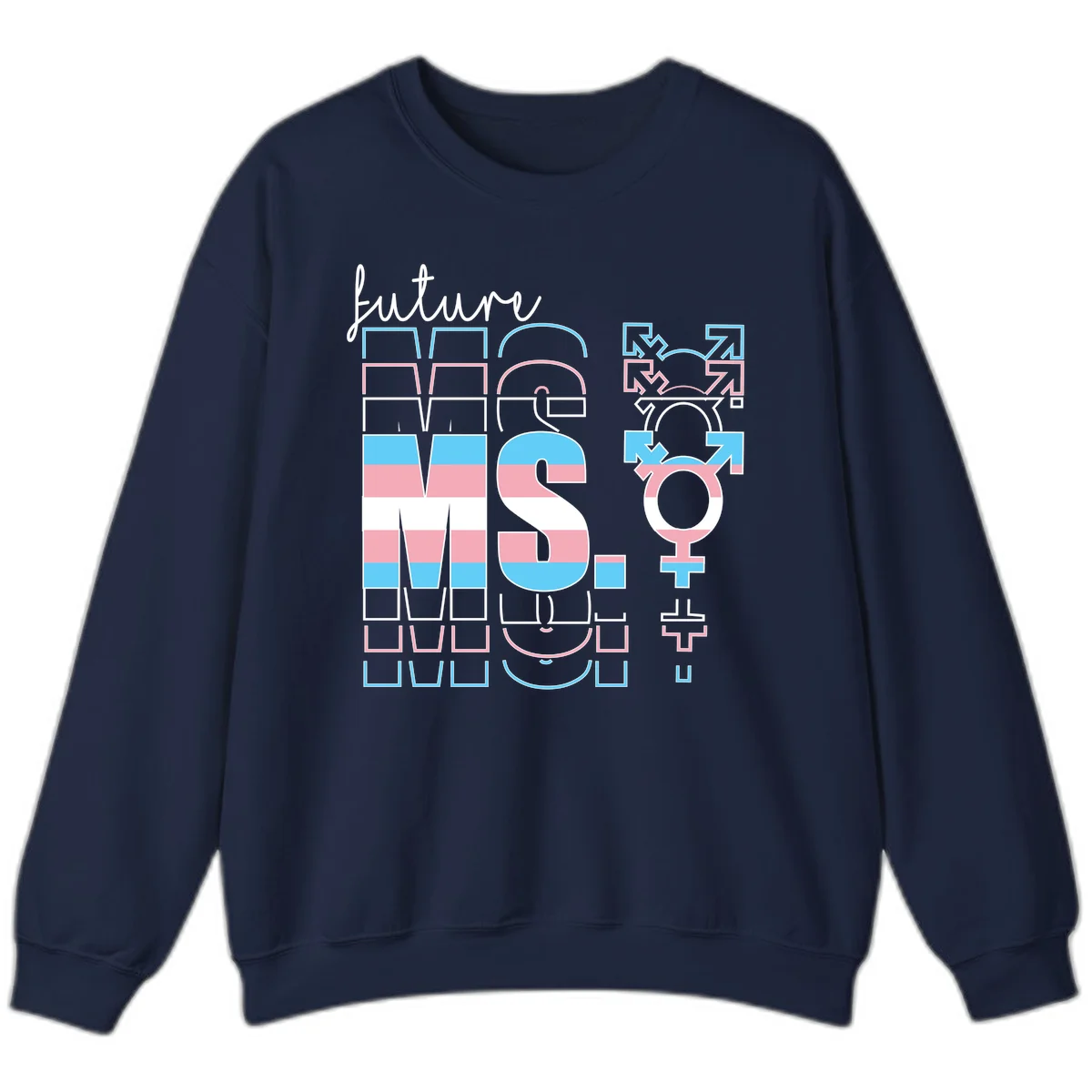 Future self gender identity pride design featuring male, female, non-binary, transgender, and intersex symbols with blue, pink, and white striped elements in Navy