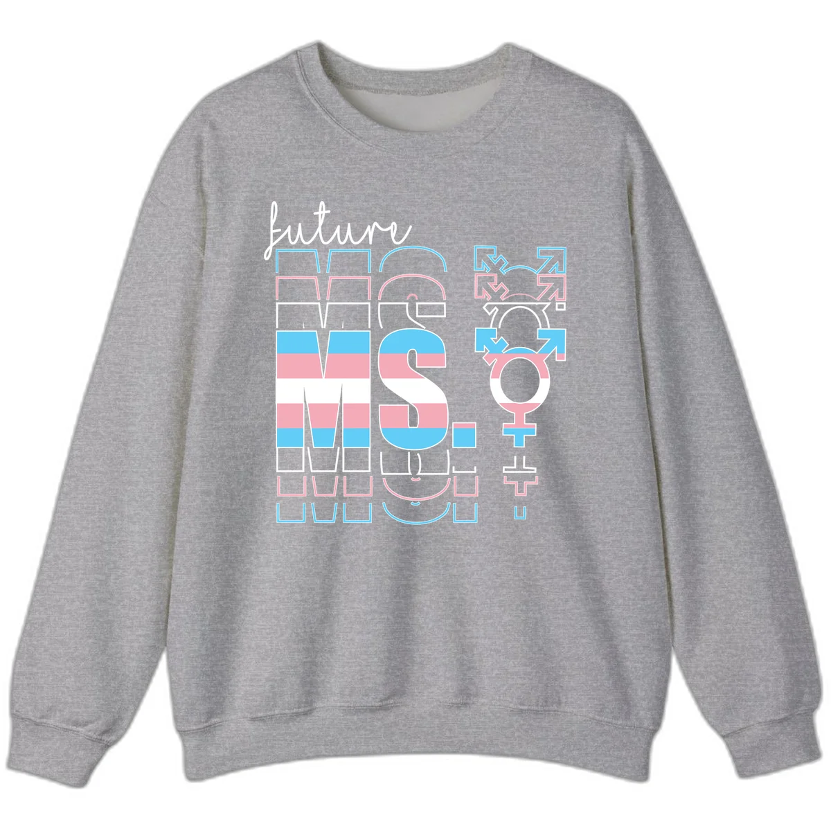 Future self gender identity pride design featuring male, female, non-binary, transgender, and intersex symbols with blue, pink, and white striped elements in Sport Grey