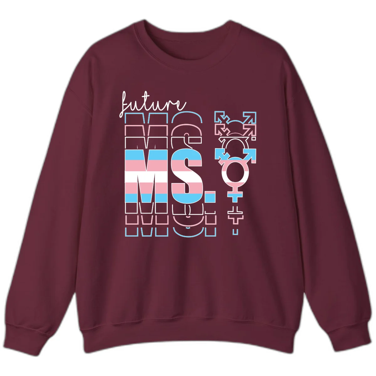 Future self gender identity pride design featuring male, female, non-binary, transgender, and intersex symbols with blue, pink, and white striped elements in Maroon