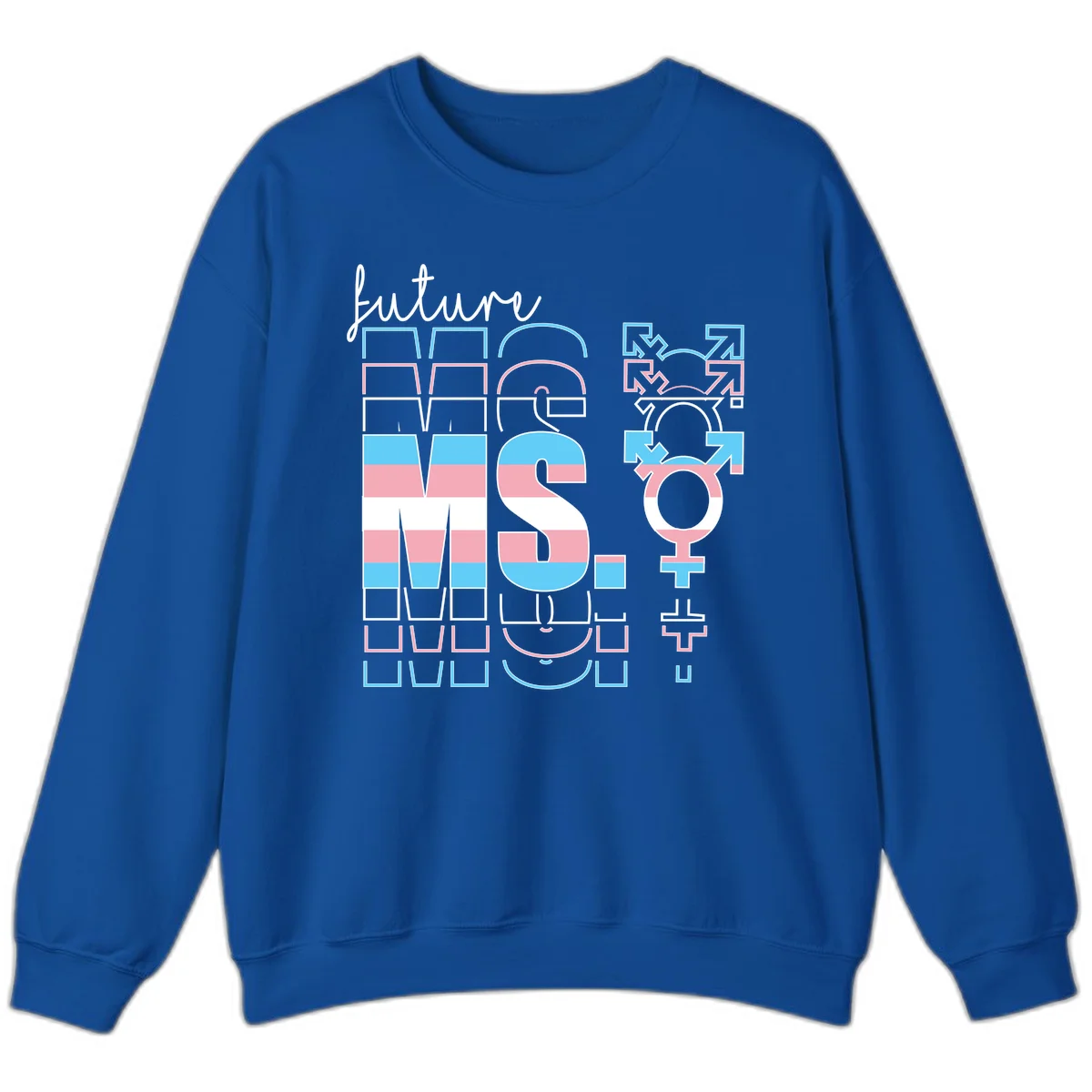 Future self gender identity pride design featuring male, female, non-binary, transgender, and intersex symbols with blue, pink, and white striped elements in Royal