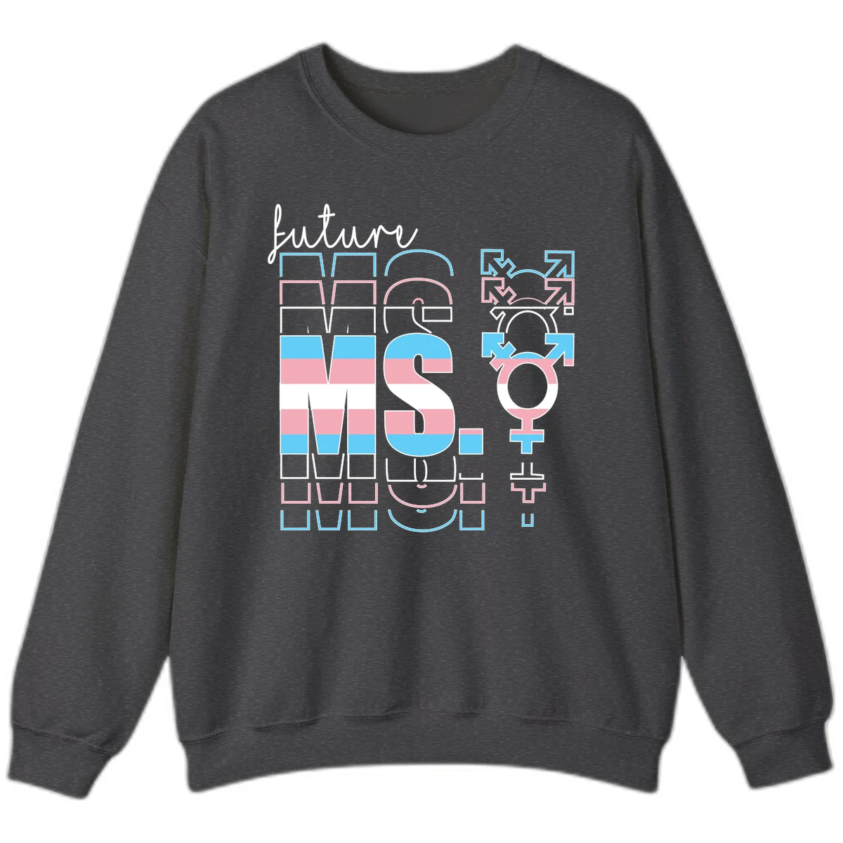 Future self gender identity pride design featuring male, female, non-binary, transgender, and intersex symbols with blue, pink, and white striped elements in Dark Heather