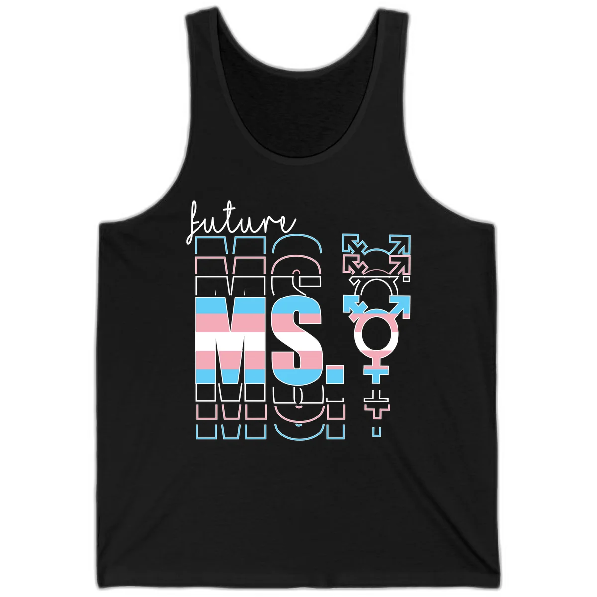 Future self gender identity pride design featuring male, female, non-binary, transgender, and intersex symbols with blue, pink, and white striped elements in Black