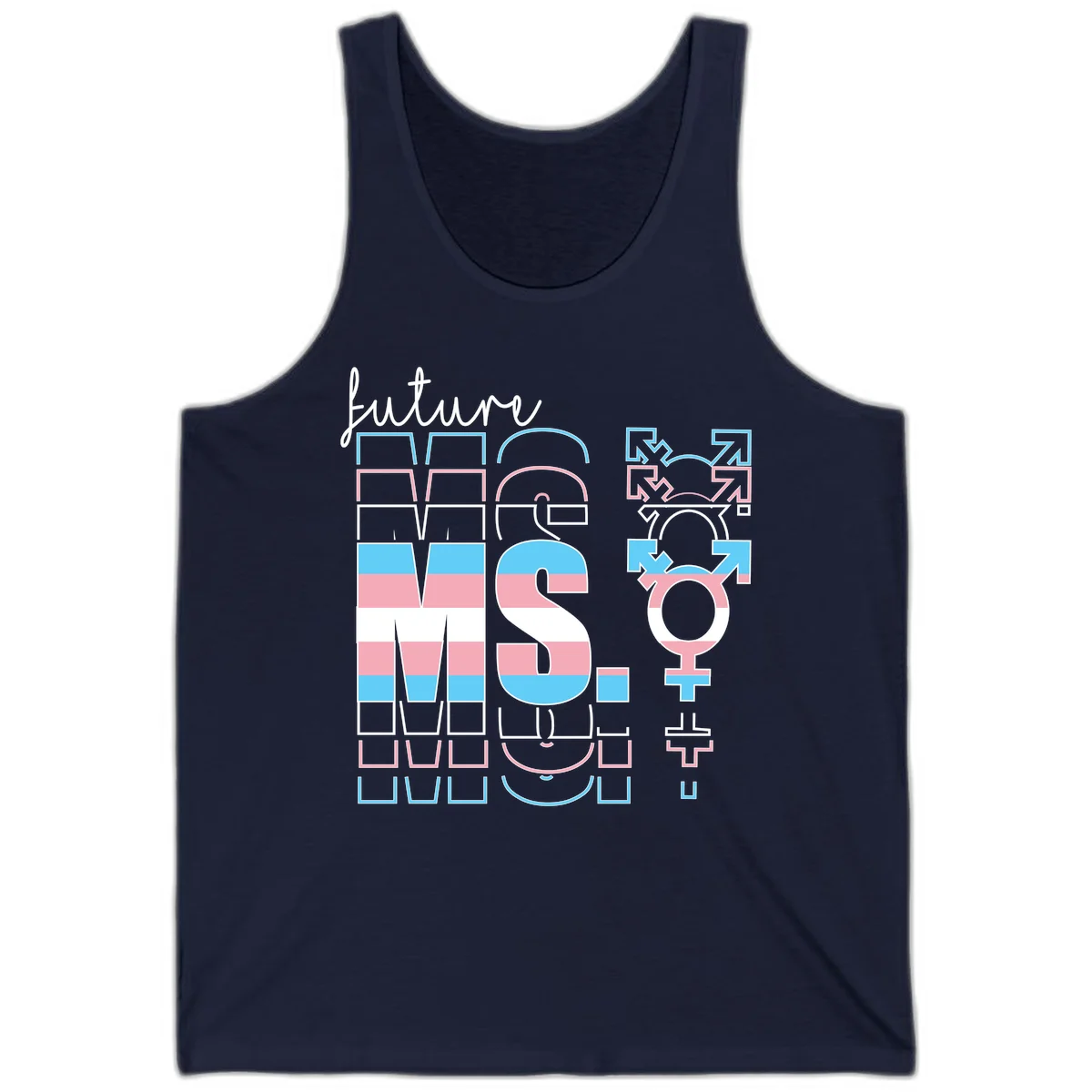 Future self gender identity pride design featuring male, female, non-binary, transgender, and intersex symbols with blue, pink, and white striped elements in Navy