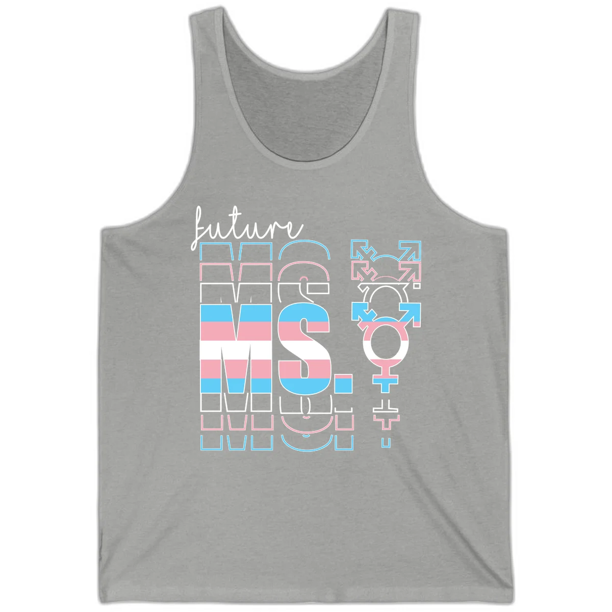 Future self gender identity pride design featuring male, female, non-binary, transgender, and intersex symbols with blue, pink, and white striped elements in Athletic Heather