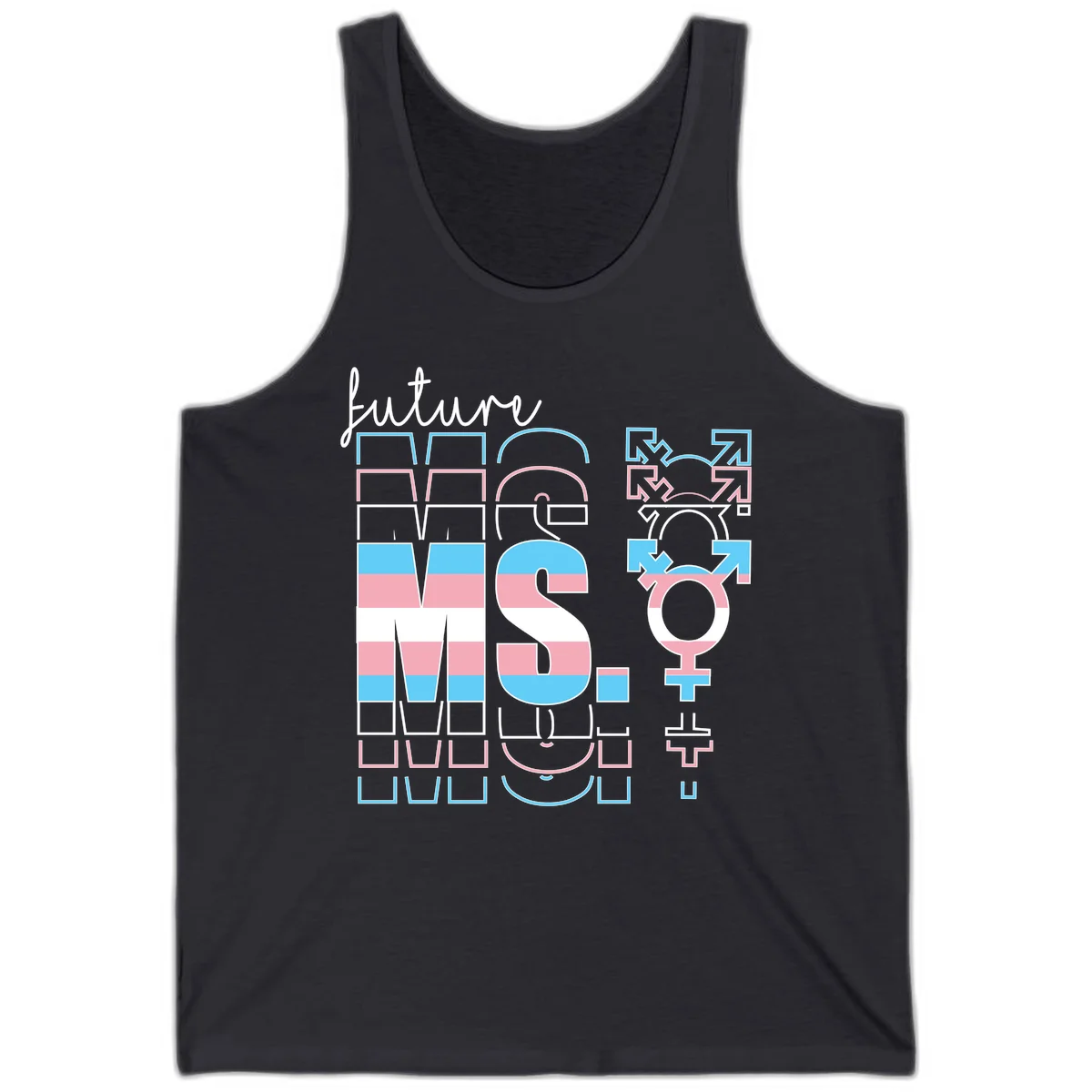 Future self gender identity pride design featuring male, female, non-binary, transgender, and intersex symbols with blue, pink, and white striped elements in Dark Grey