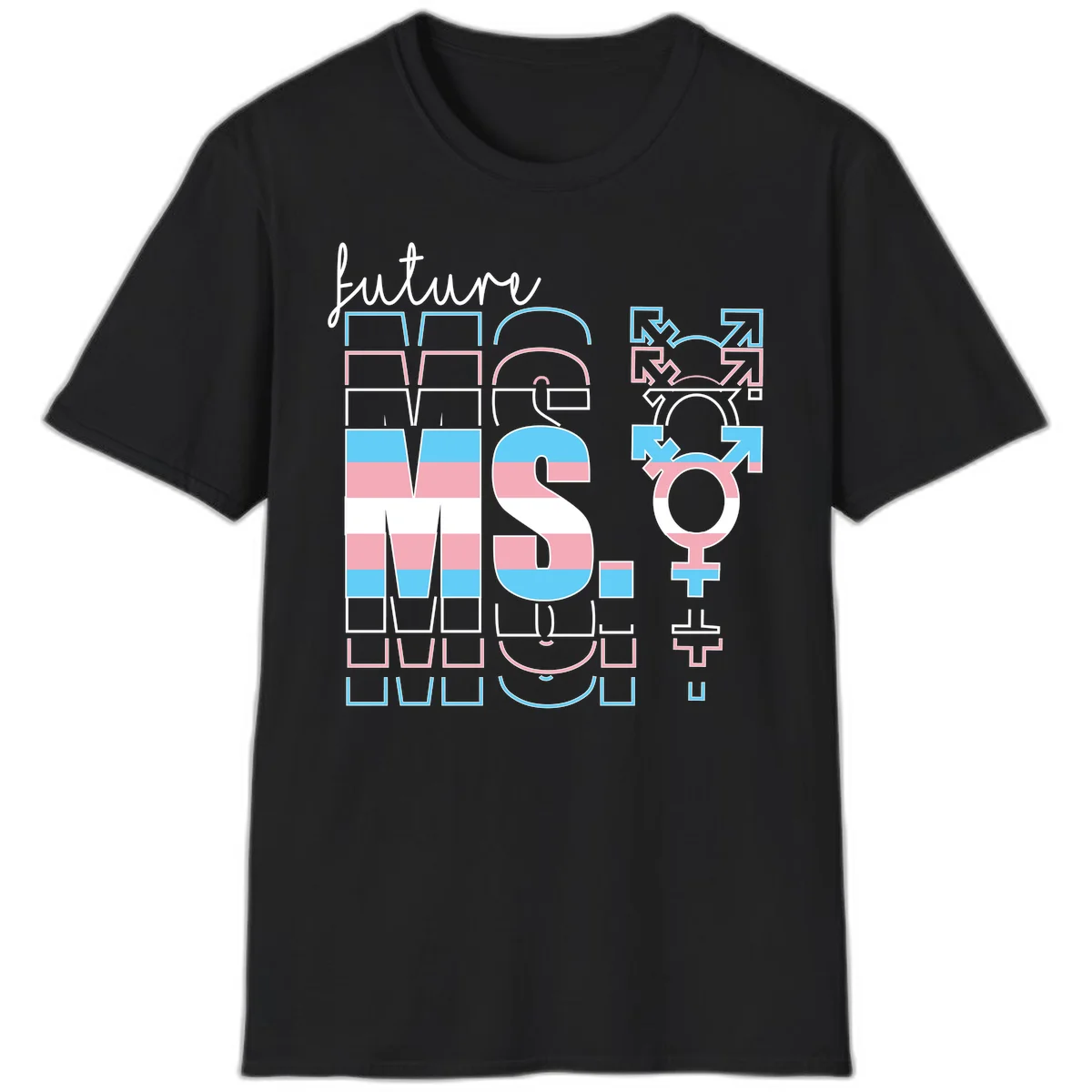 Future self gender identity pride design featuring male, female, non-binary, transgender, and intersex symbols with blue, pink, and white striped elements in Black