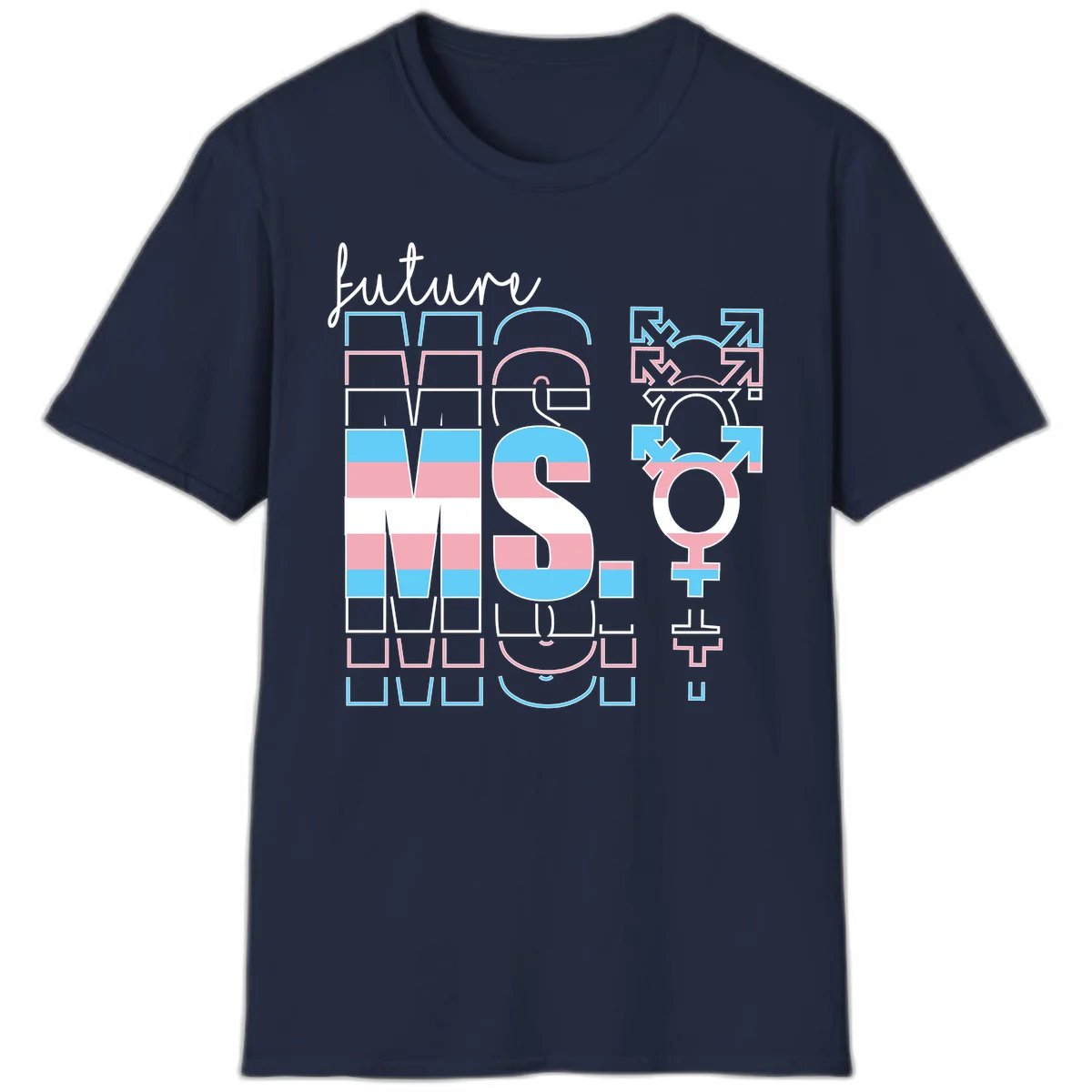 Future self gender identity pride design featuring male, female, non-binary, transgender, and intersex symbols with blue, pink, and white striped elements in Navy