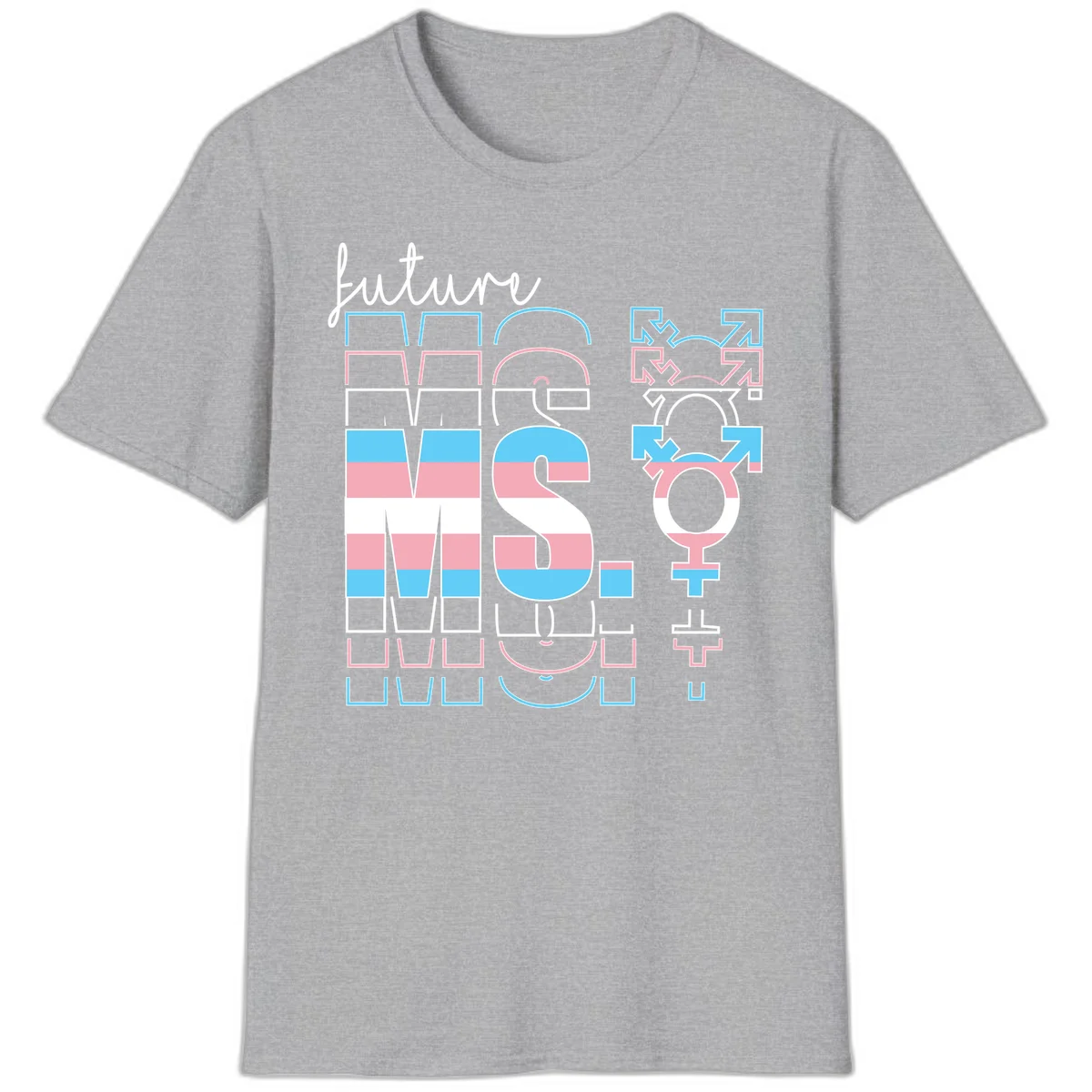 Future self gender identity pride design featuring male, female, non-binary, transgender, and intersex symbols with blue, pink, and white striped elements in Sport Grey