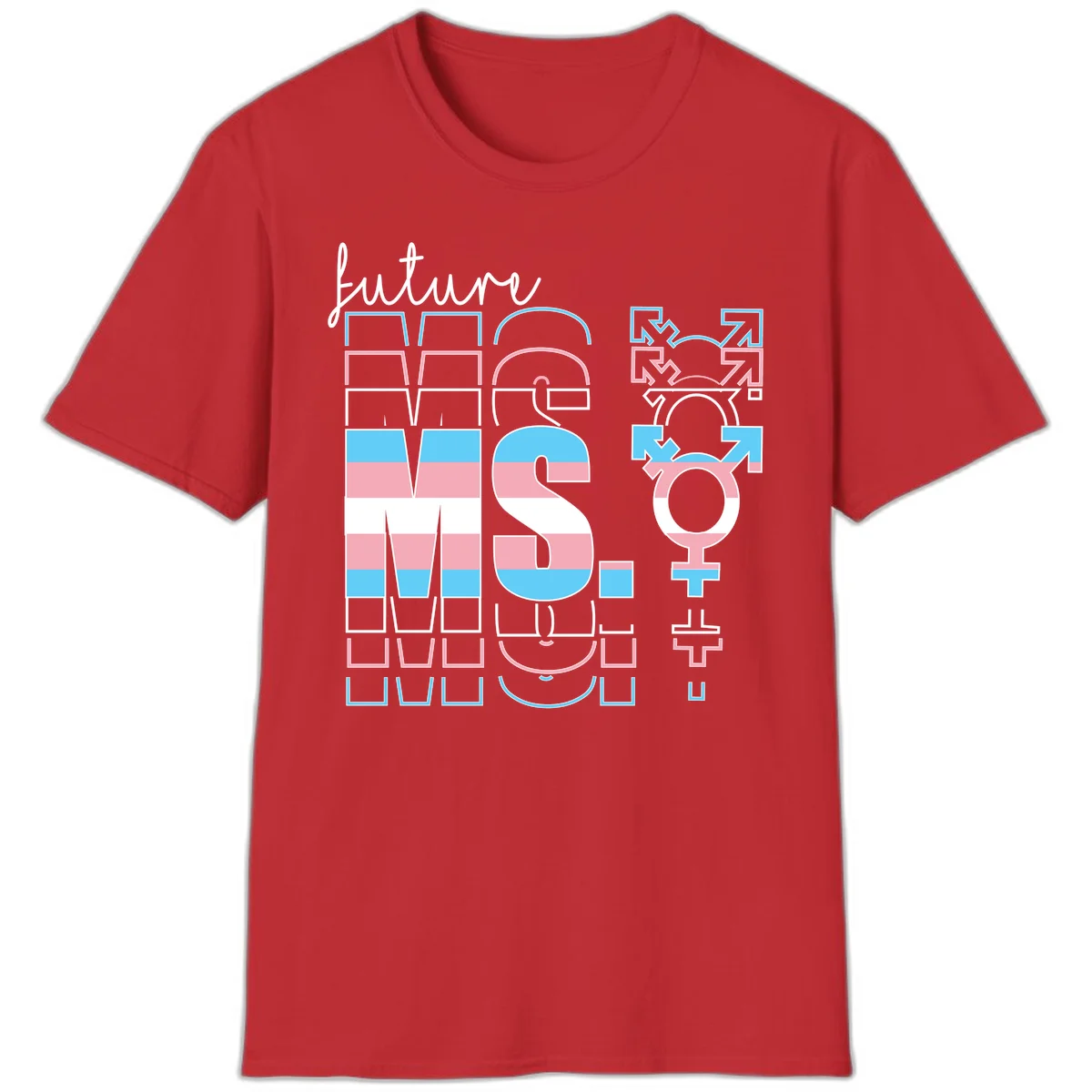 Future self gender identity pride design featuring male, female, non-binary, transgender, and intersex symbols with blue, pink, and white striped elements in Red