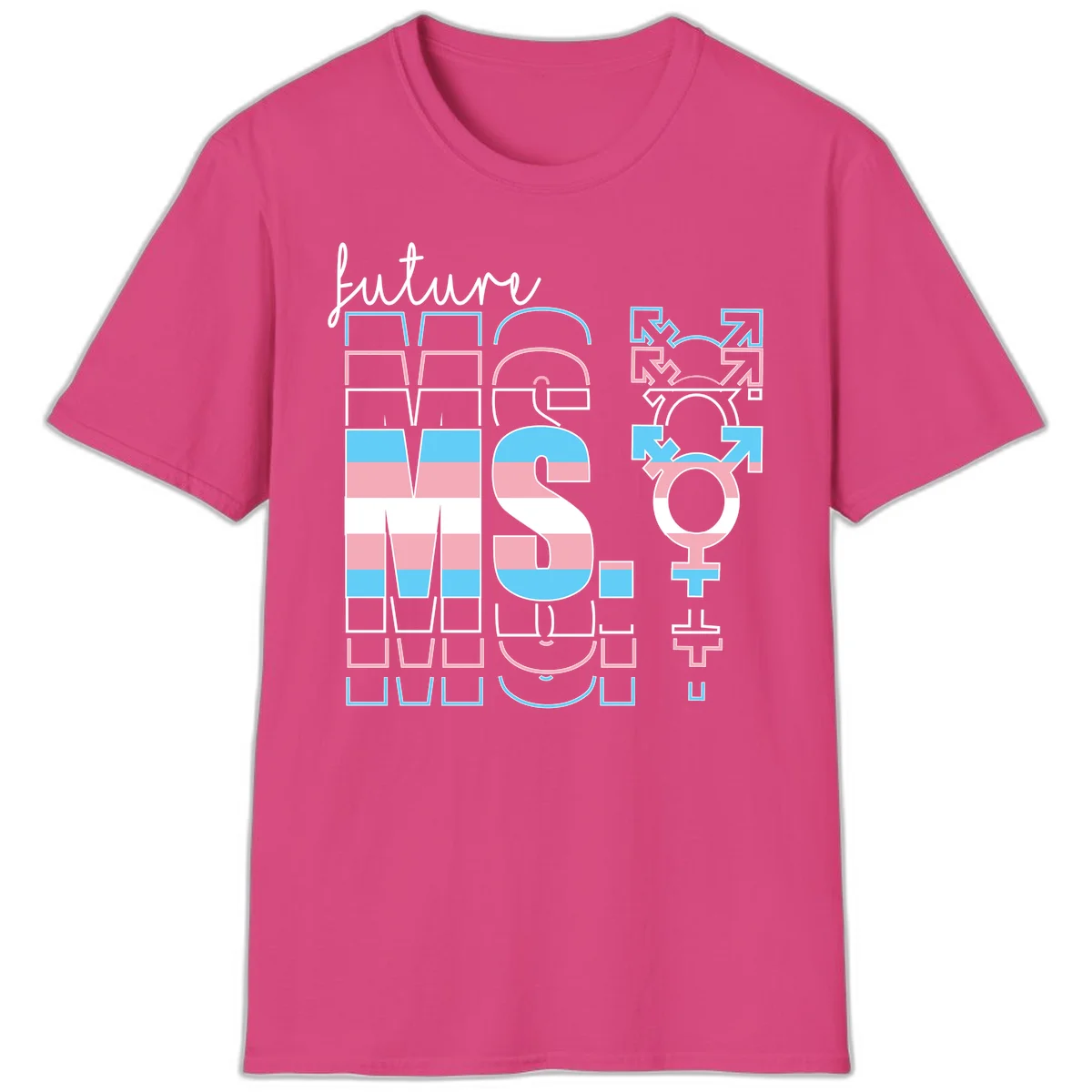 Future self gender identity pride design featuring male, female, non-binary, transgender, and intersex symbols with blue, pink, and white striped elements in Heliconia