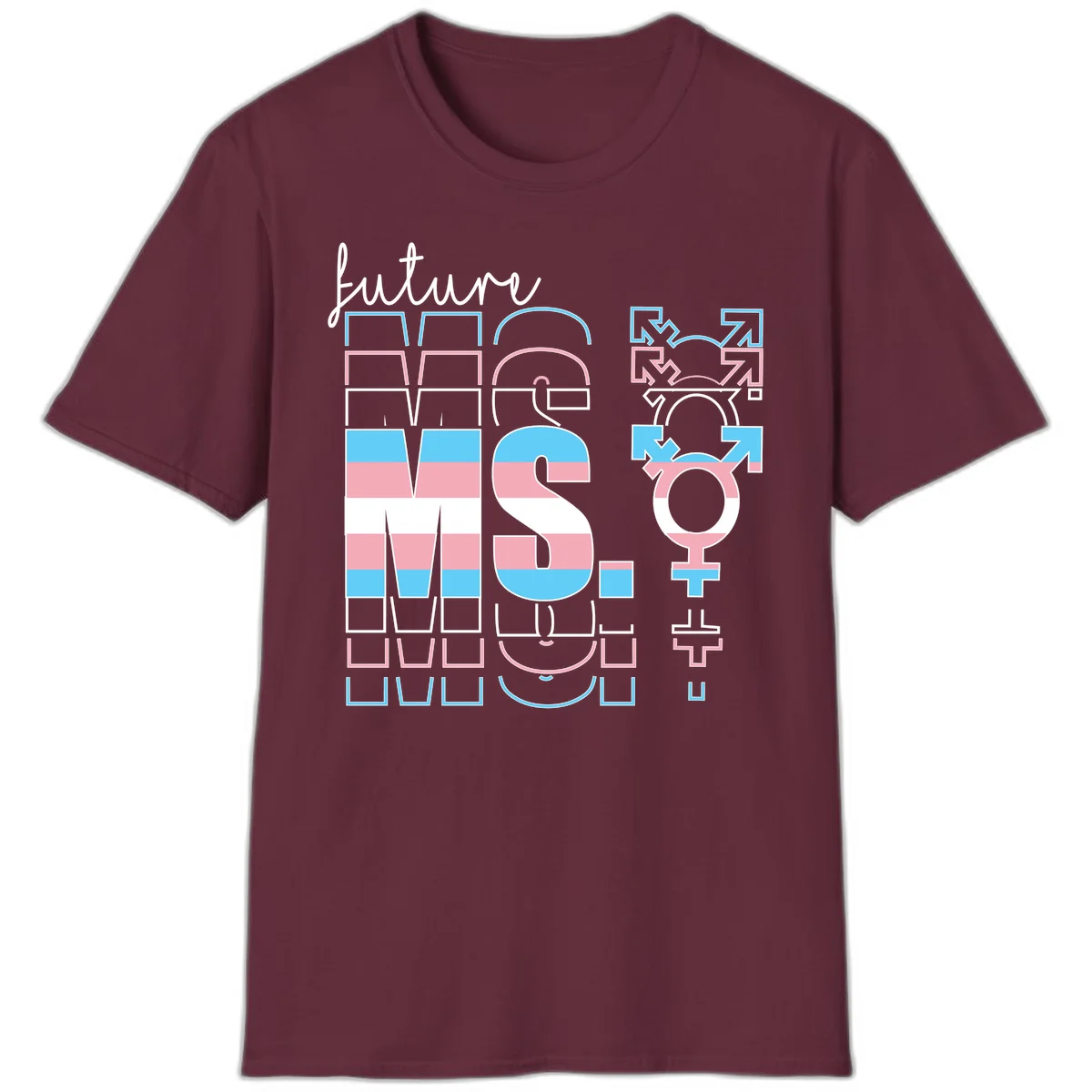 Future self gender identity pride design featuring male, female, non-binary, transgender, and intersex symbols with blue, pink, and white striped elements in Maroon