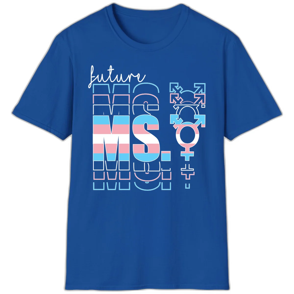 Future self gender identity pride design featuring male, female, non-binary, transgender, and intersex symbols with blue, pink, and white striped elements in Royal