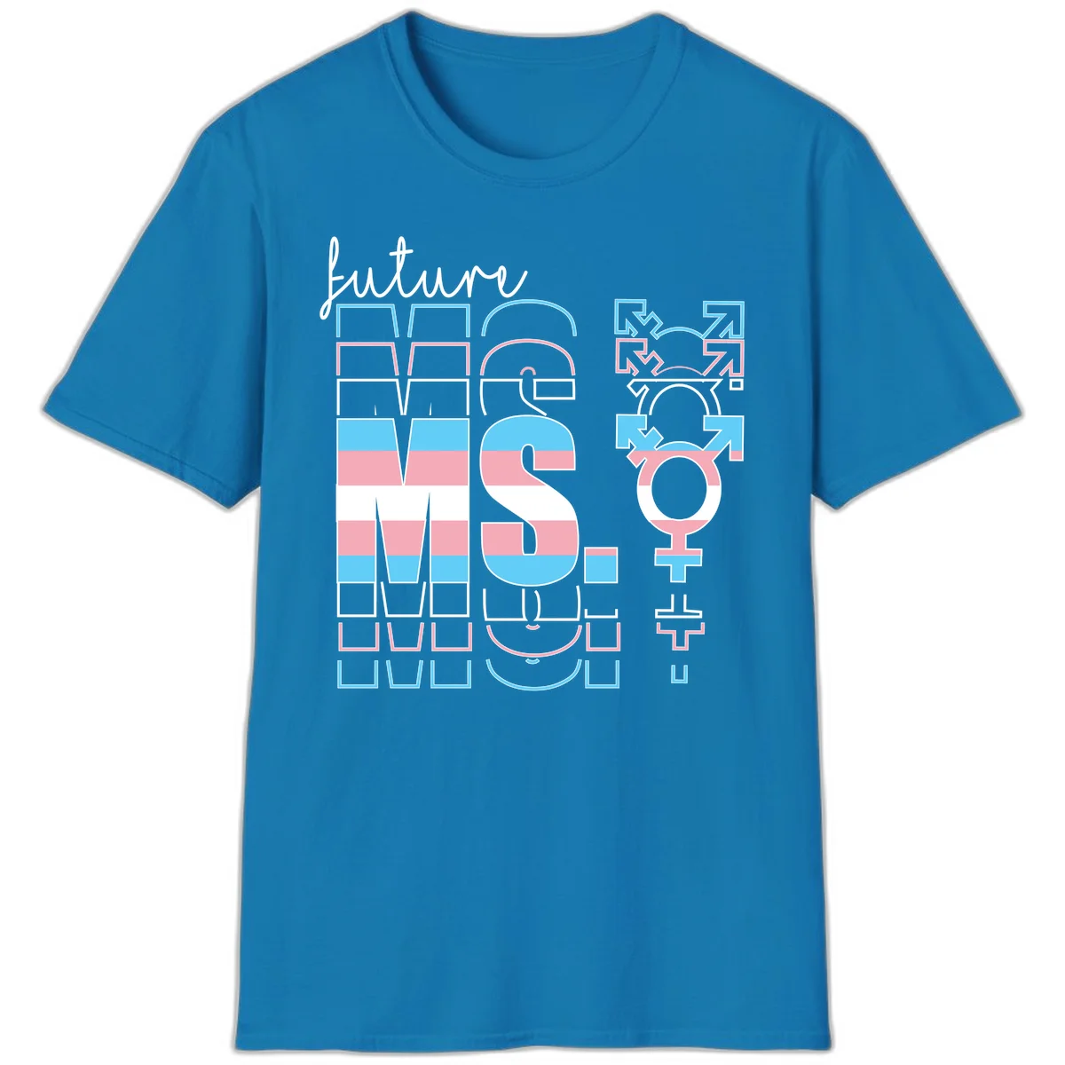 Future self gender identity pride design featuring male, female, non-binary, transgender, and intersex symbols with blue, pink, and white striped elements in Sapphire