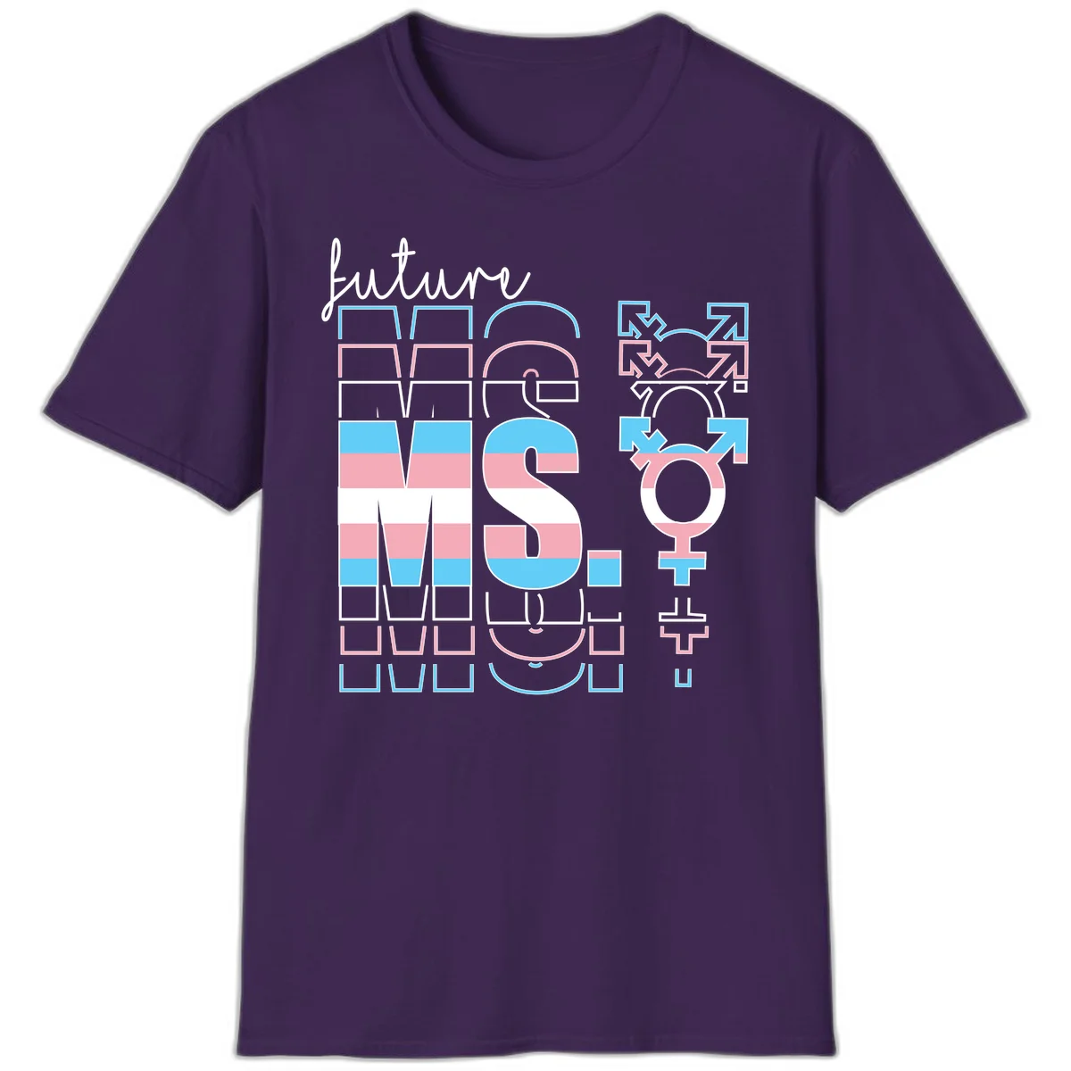 Future self gender identity pride design featuring male, female, non-binary, transgender, and intersex symbols with blue, pink, and white striped elements in Purple