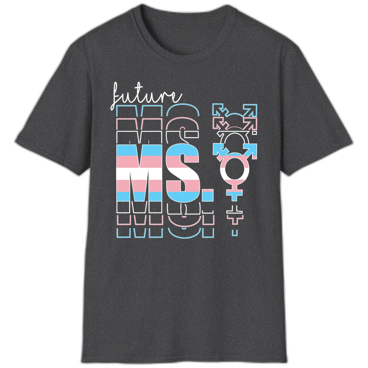 Future self gender identity pride design featuring male, female, non-binary, transgender, and intersex symbols with blue, pink, and white striped elements in Dark Heather