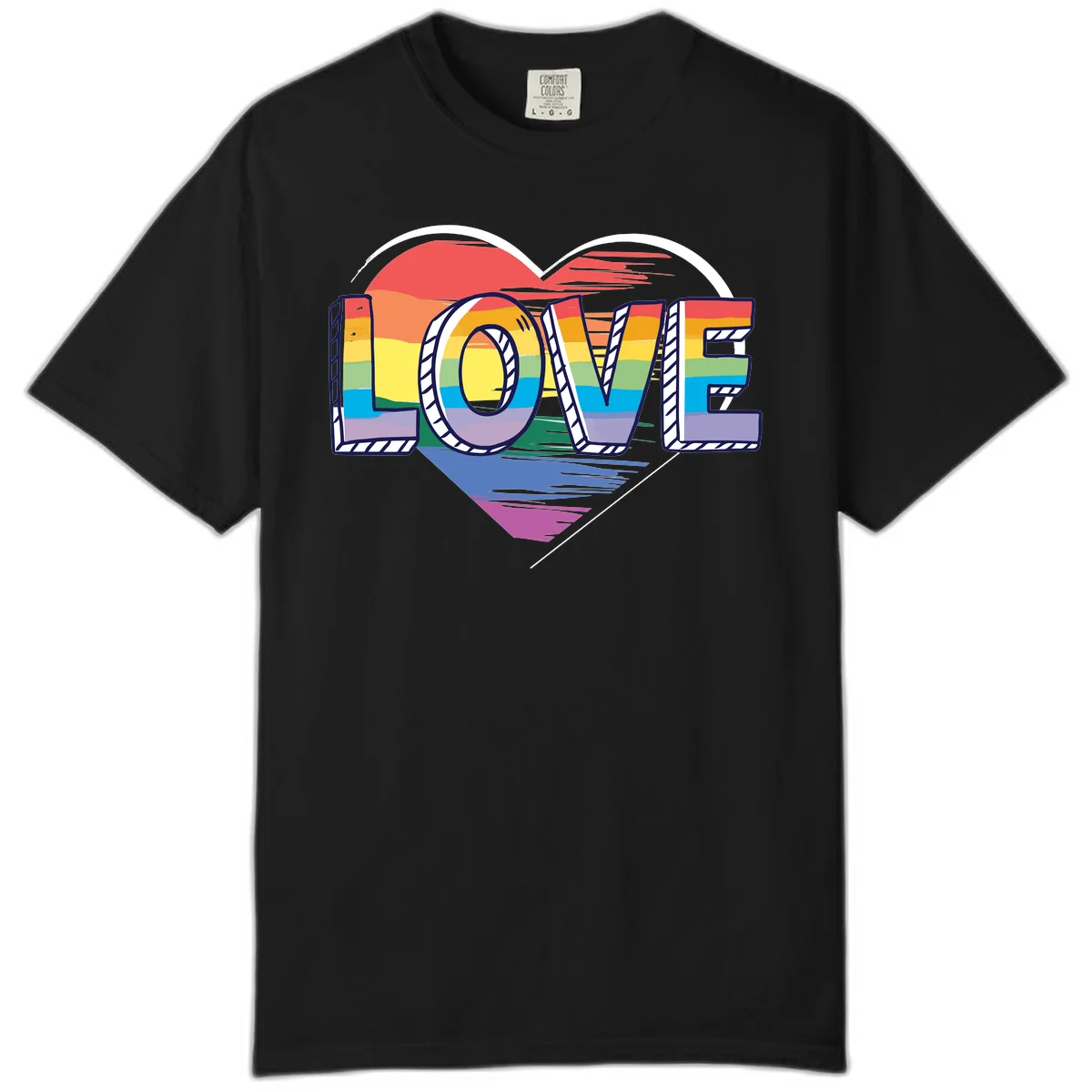 Colorful 3D block lettering spelling LOVE in rainbow pride colors inside a heart shape with wings in Black