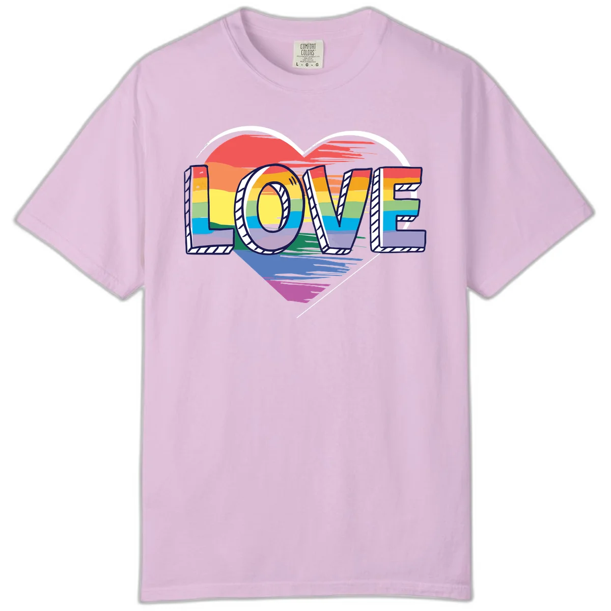 Colorful 3D block lettering spelling LOVE in rainbow pride colors inside a heart shape with wings in Orchid